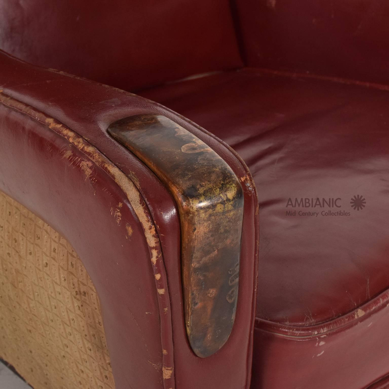 Mexican Modernist Tall Club Chair Ottoman Red Leather Brass Arturo Pani In Distressed Condition In Chula Vista, CA