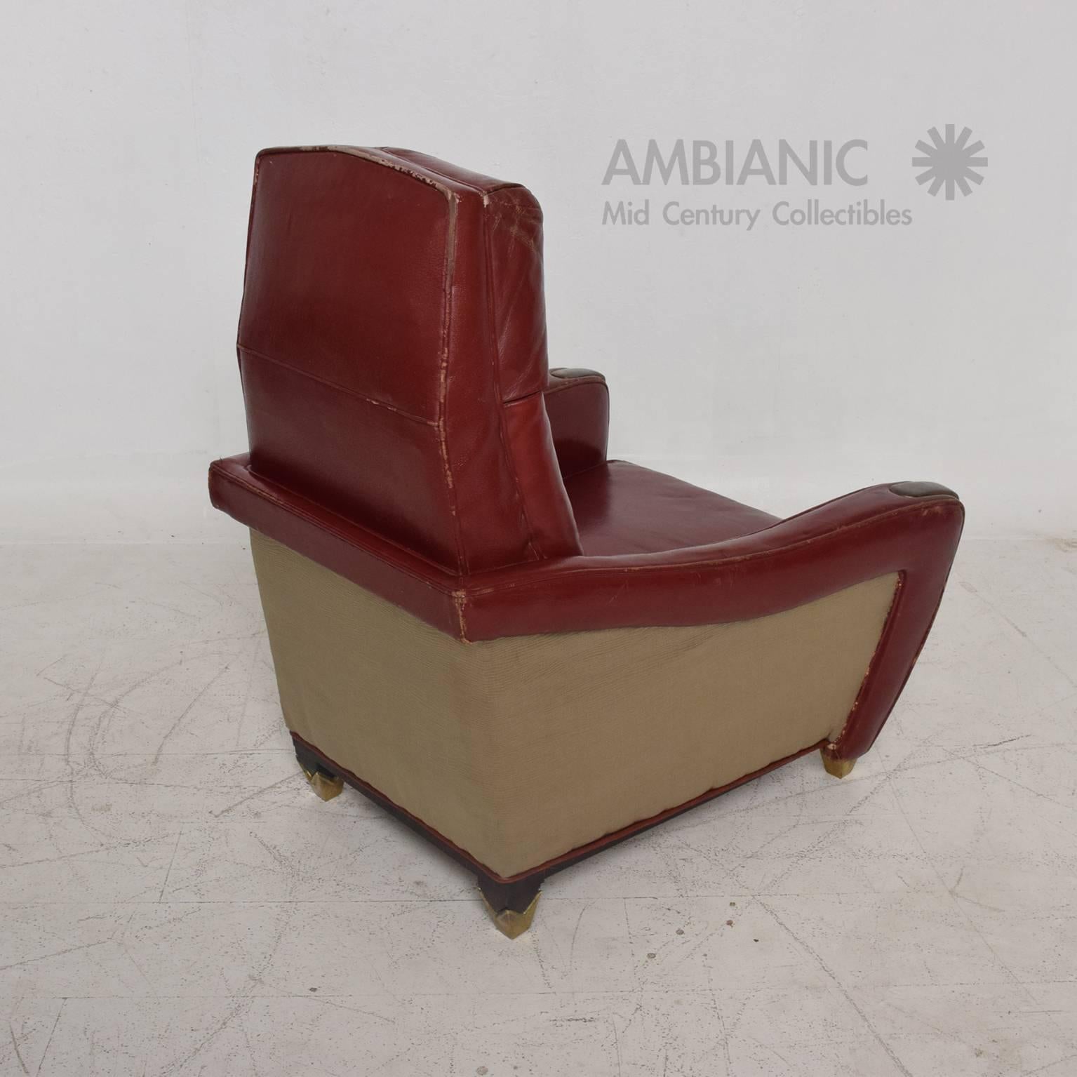Bronze Mexican Modernist Tall Club Chair Ottoman Red Leather Brass Arturo Pani