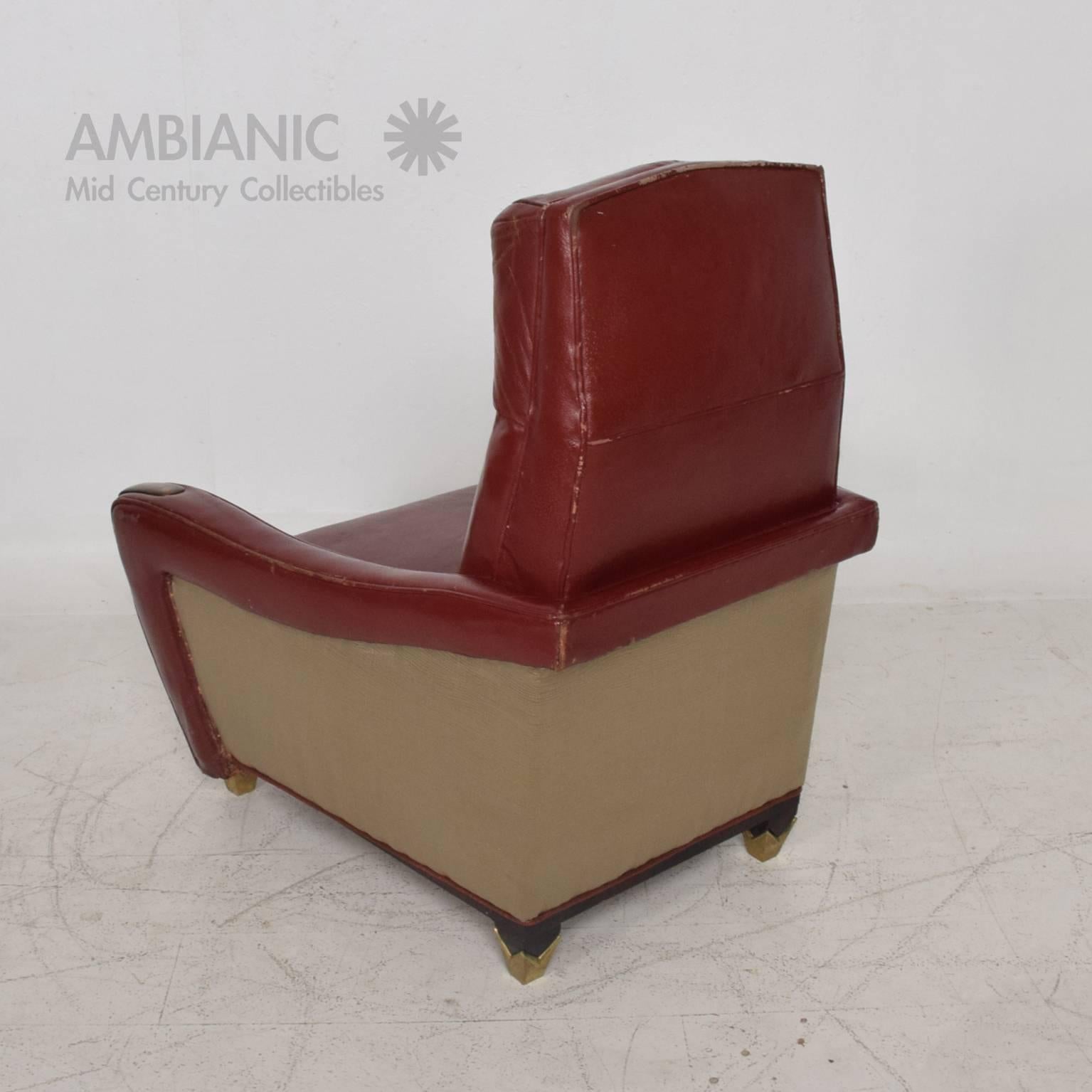Mexican Modernist Tall Club Chair Ottoman Red Leather Brass Arturo Pani 3