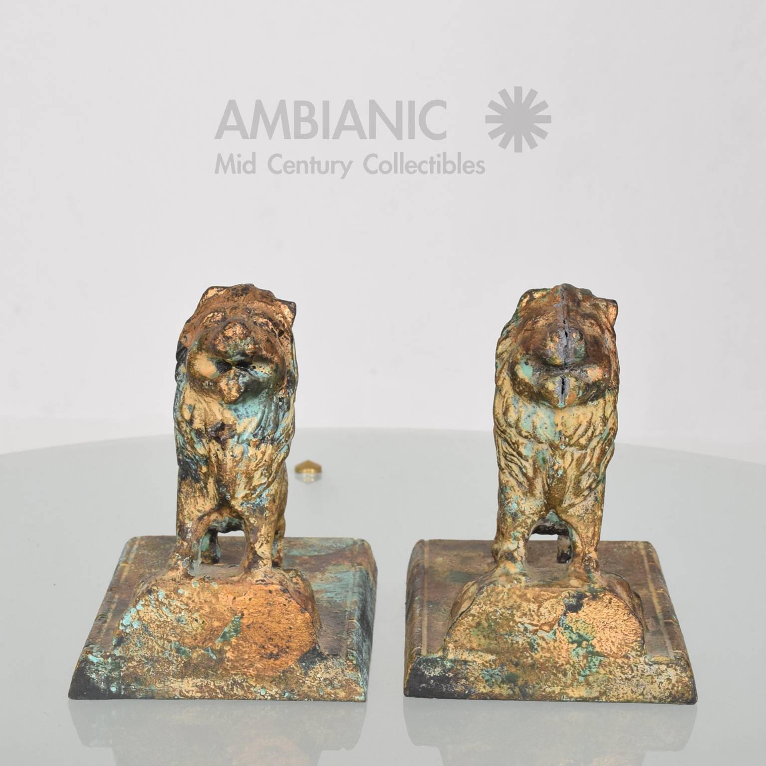 Unknown Hollywood Regency Cast Iron Lion Bookends with Faux Bronze Patina