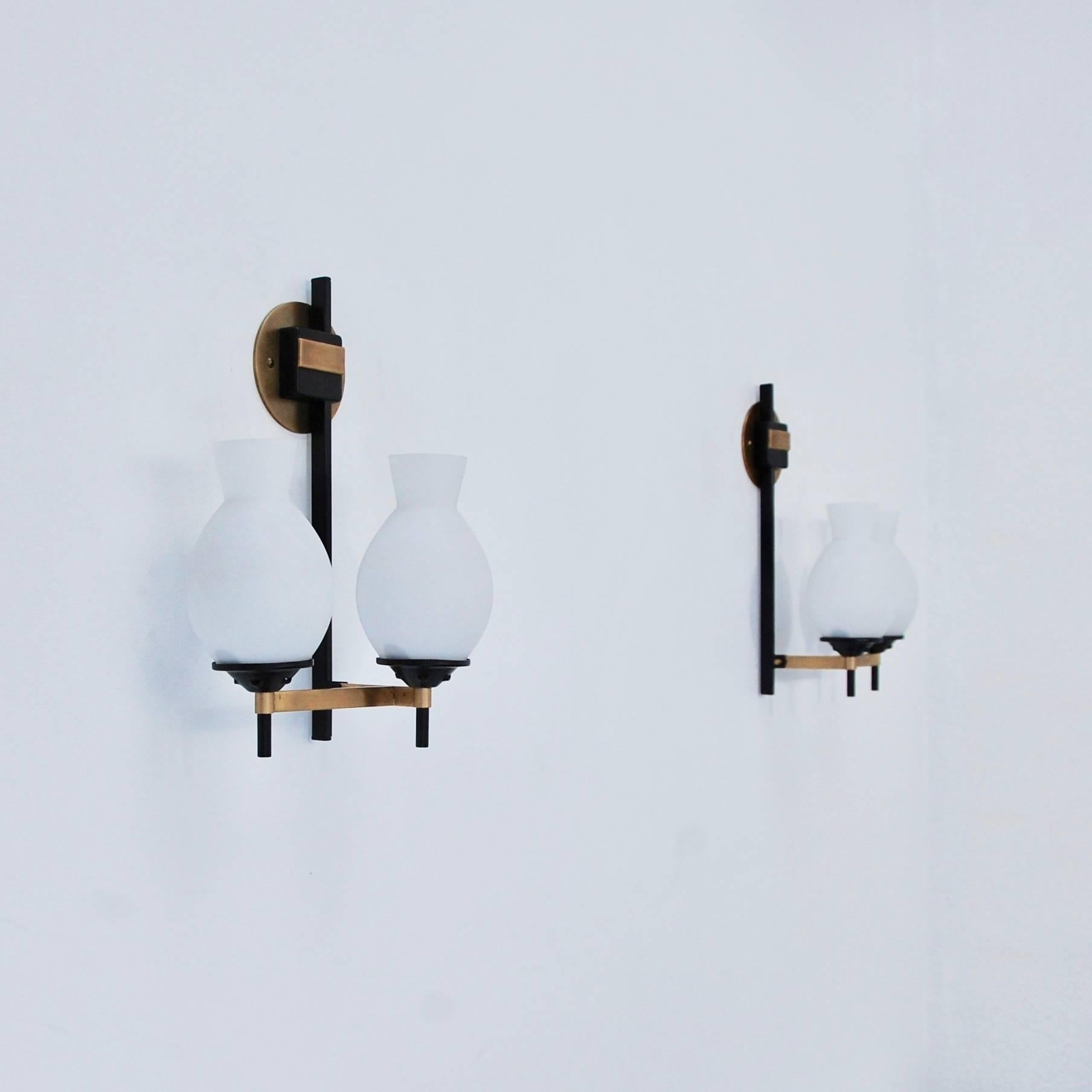 Italian Opal Double Glass Sconces In Excellent Condition In Los Angeles, CA