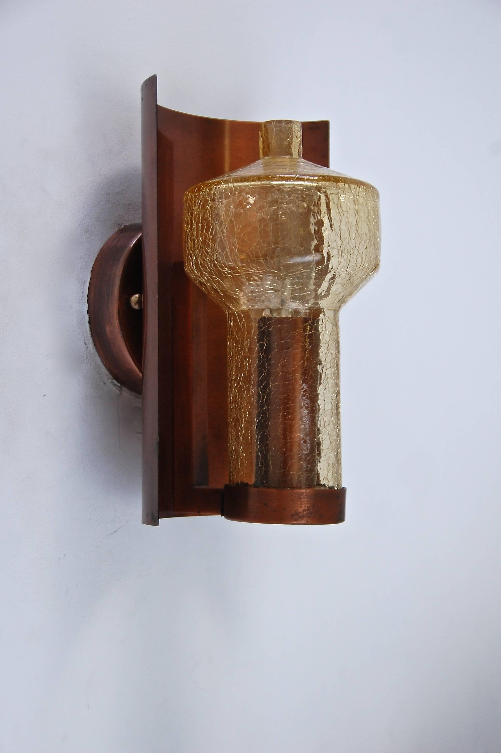 (2) superb Kaiser Leuchten sconces from Germany in vintage original finish, rewired and ready for use in the US. Handblown crackled amber glass and copper. Priced individually. Lightbulbs provided with order.
Measurements: 
Depth: 6