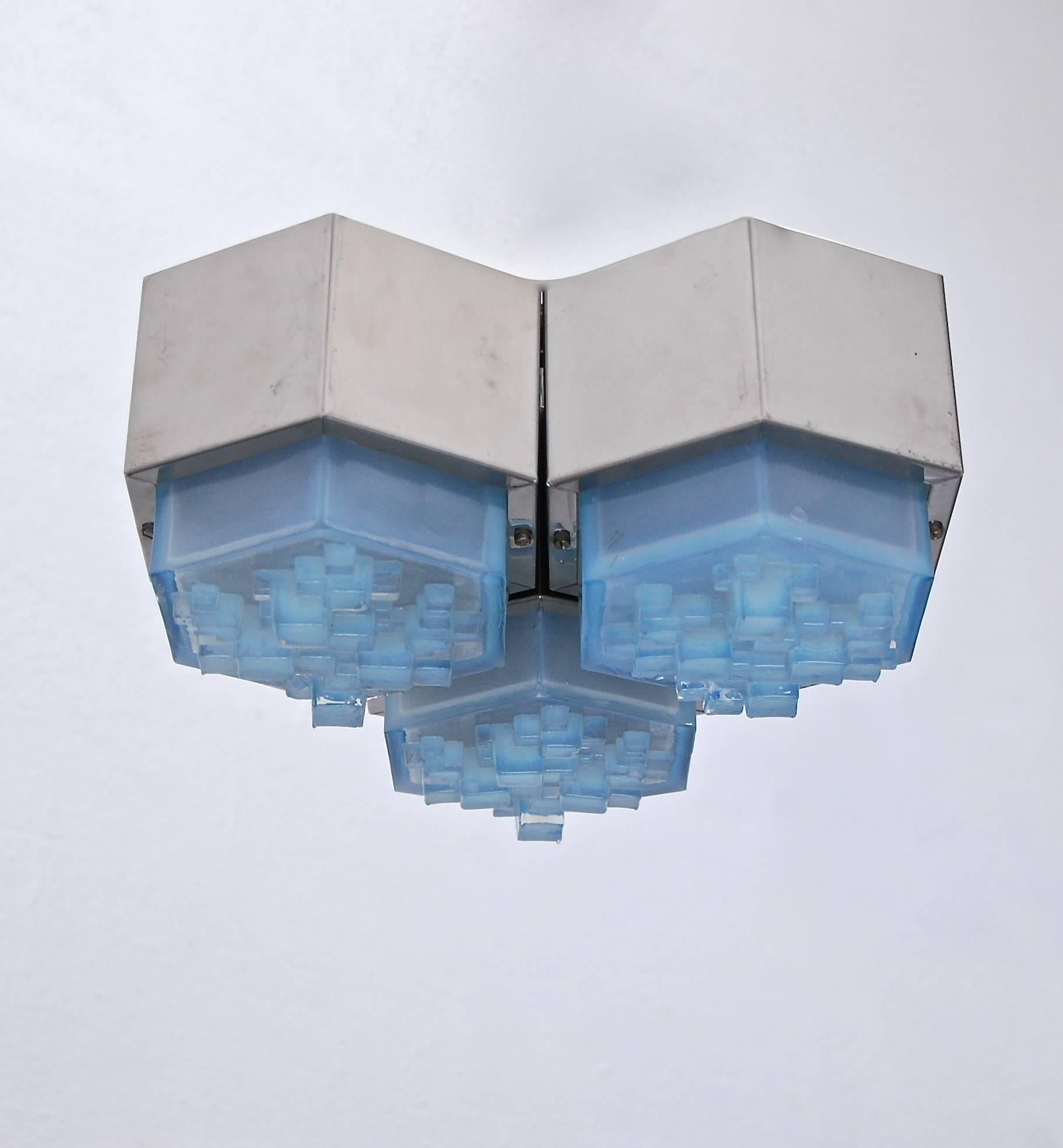 Mid-20th Century Large Italian Blue Glass Flush Mount For Sale