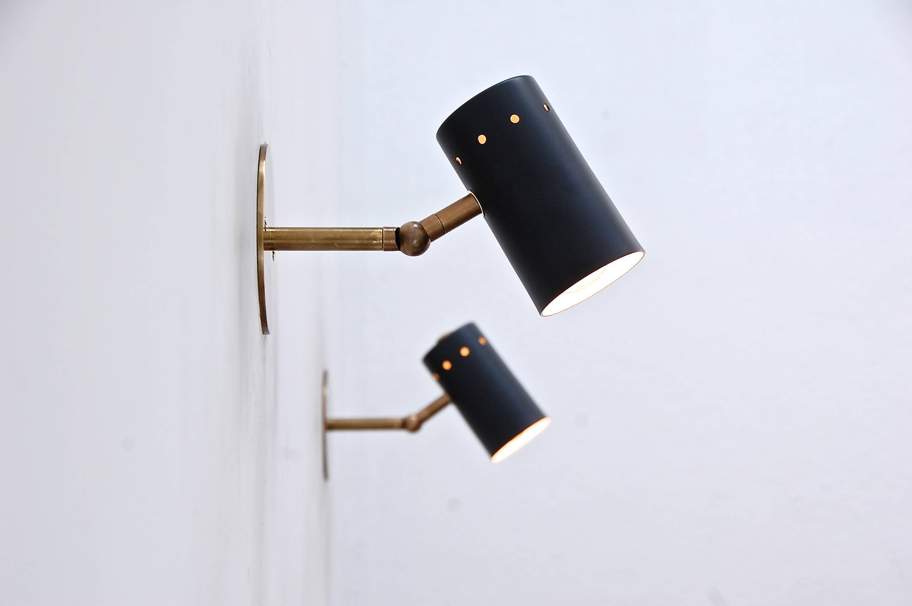 Classic and smart Mid-Century style cylinder reading sconces from Lumfardo.
Brass patinated to a golden tone, and painted aluminum. Custom sizes and finishes available.