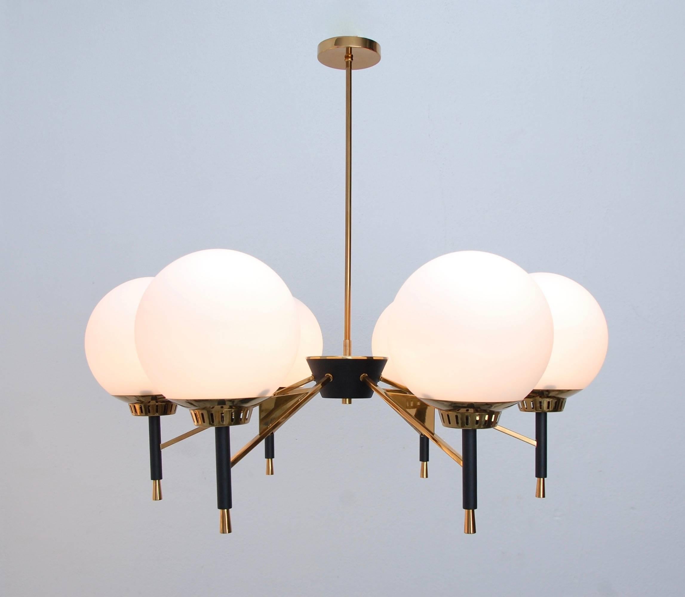 Six globe, brass and black blown glass-dining chandelier from 1950s, Italy. Medium based sockets.