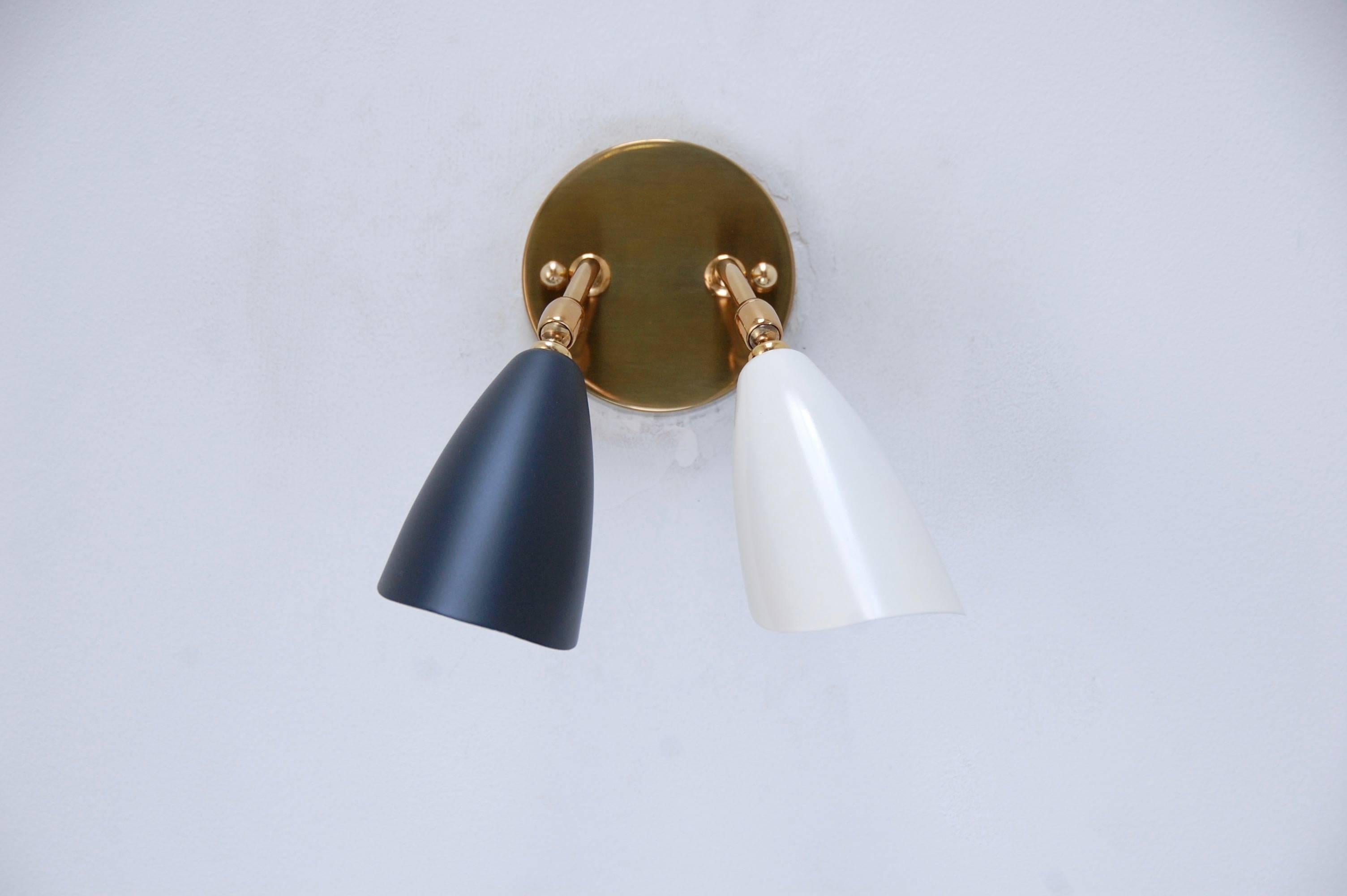 Two-tone double shaded spot light sconces from 1950s, Italy. Shades are directional. E14 candelabra based sockets.