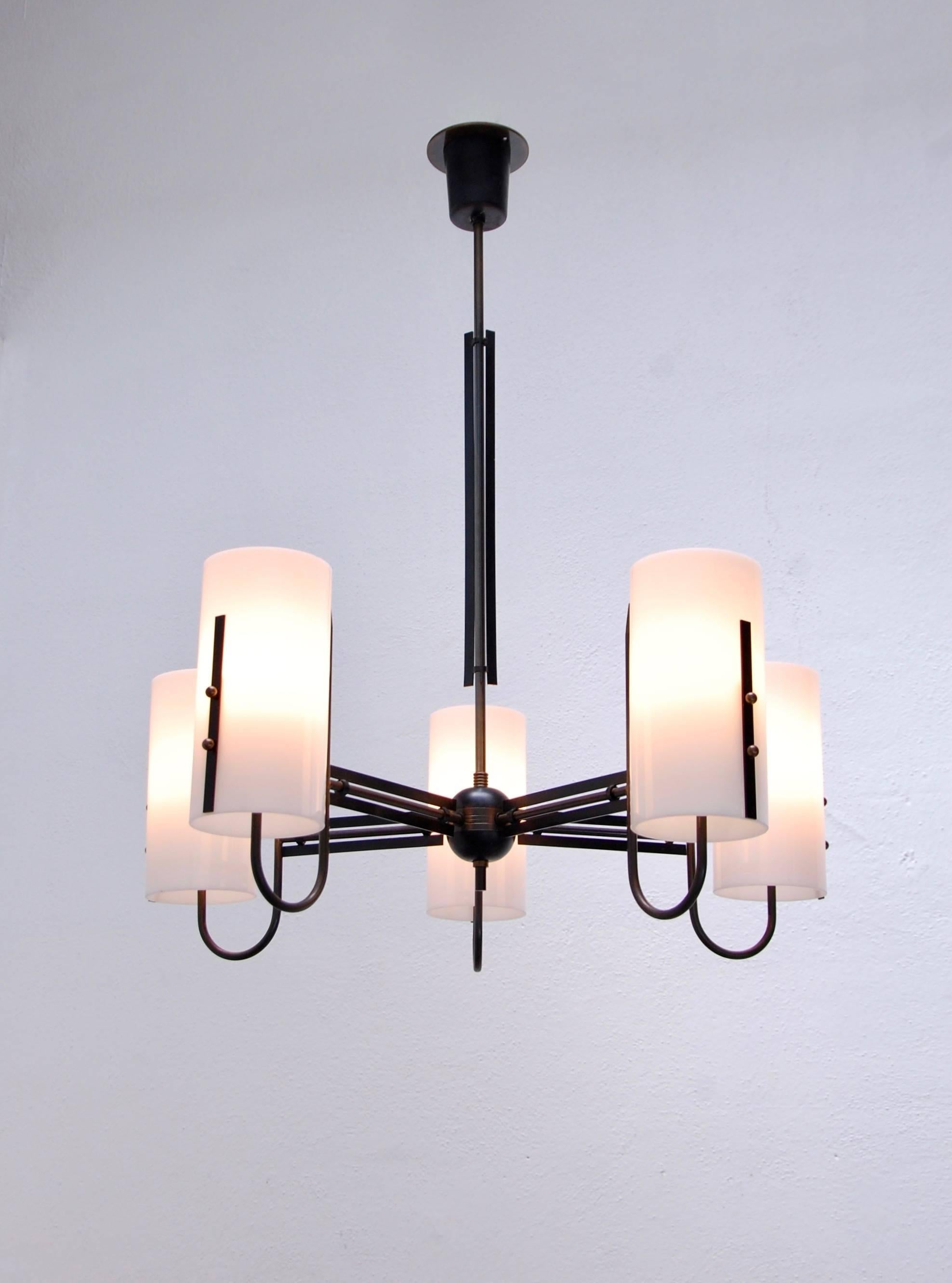 Of the period five shade petite Mid-Century chandelier from Italy. Fully restored, original brass finish, single E26 medium based socket per shade, wired for the US. Overall drop adjustable upon request. 

Measures: Overall drop: 39”
Fixture
