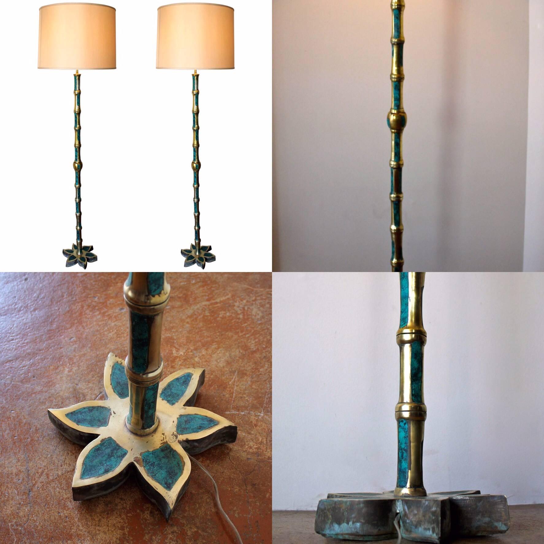 Rare Set of Two 1950s Pepe Mendoza Bamboo Brass Floor Lamps 3