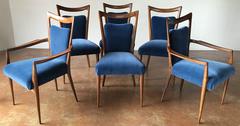 Set of Six Walnut Chairs by Melchiorre Bega, in Blue Mohair, Italy, circa 1960