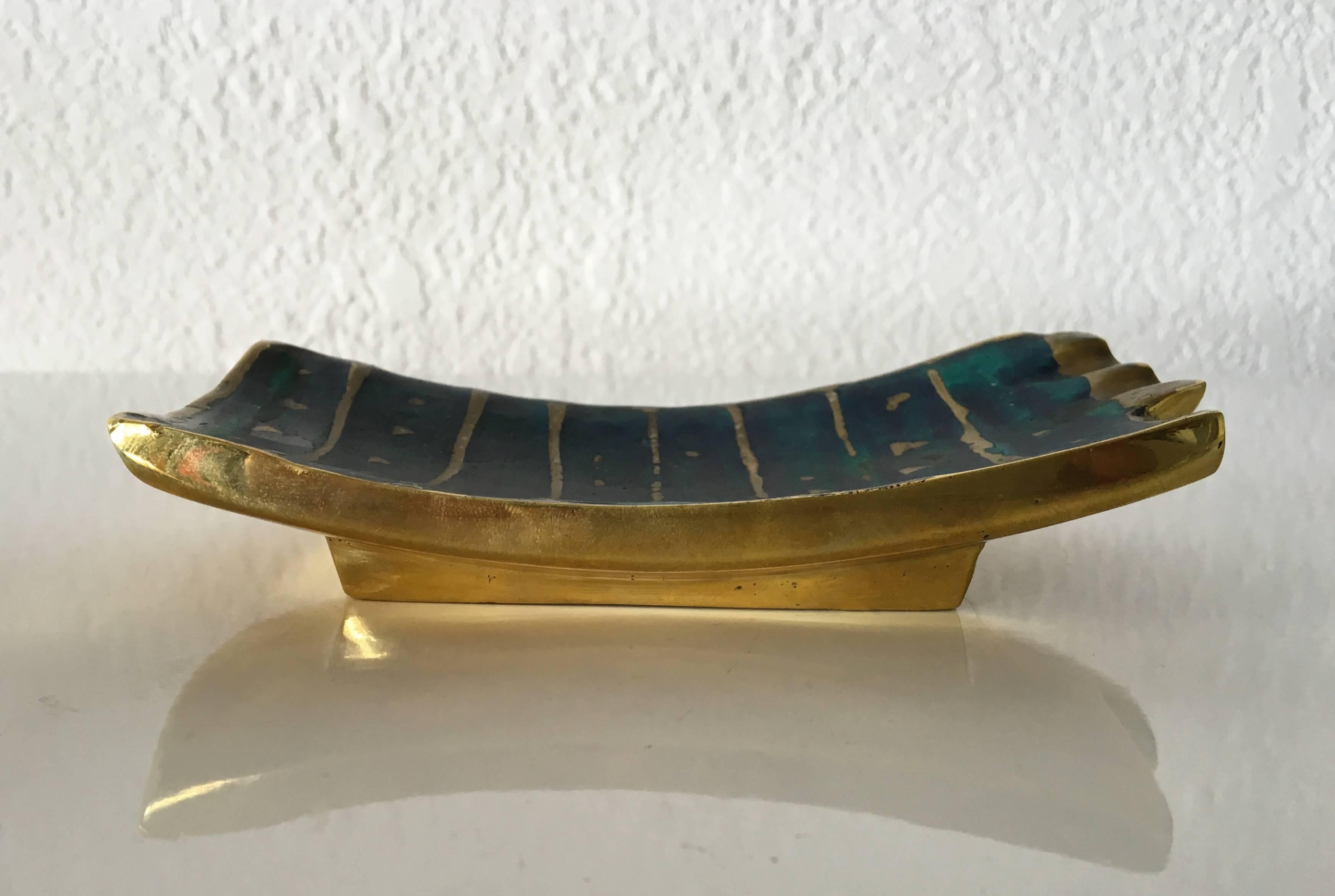 Mexican Brass Ashtray and Small Dish with Ceramic Inlay by Pepe Mendoza, Mexico, 1960s