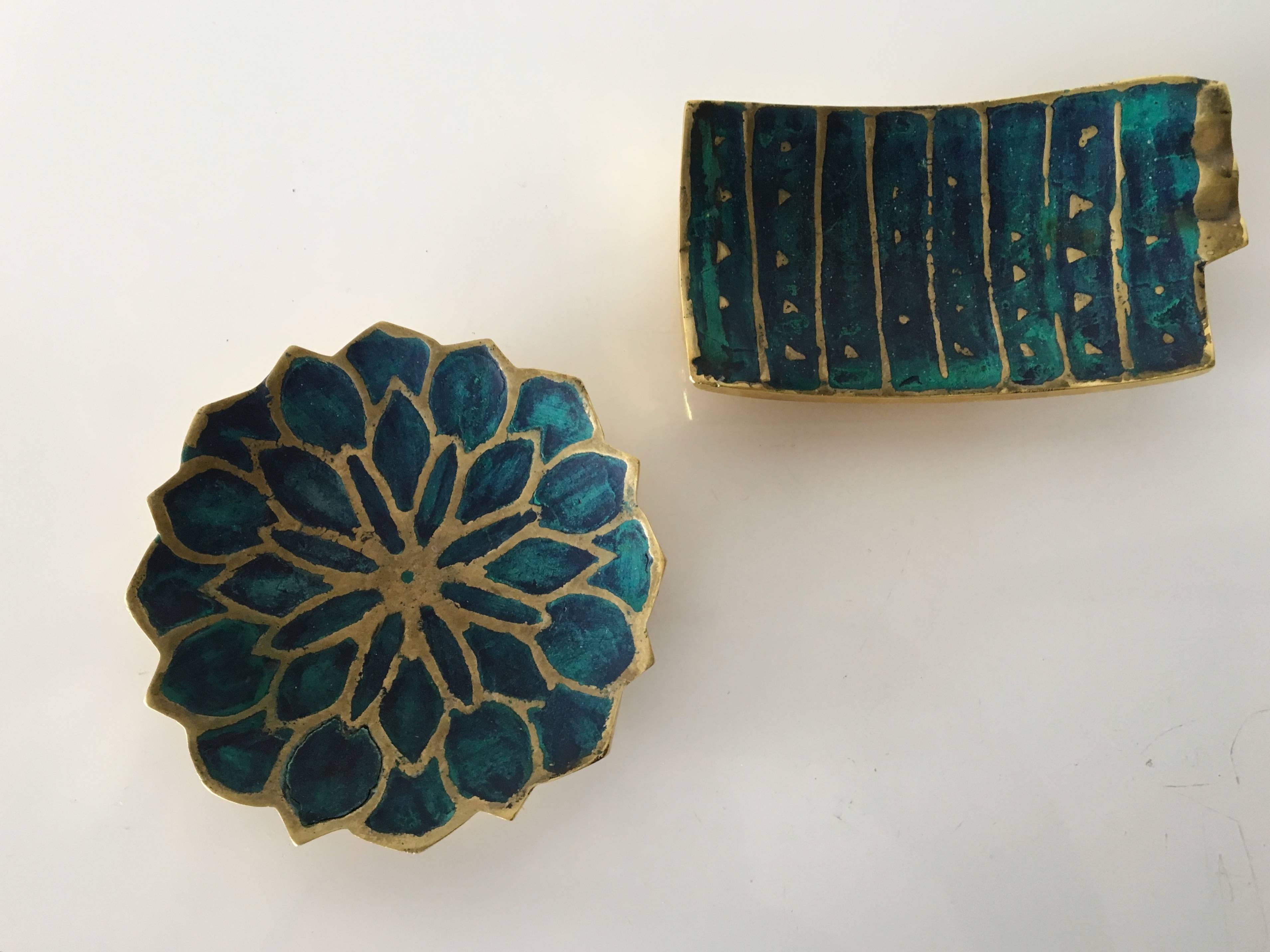 Brass Ashtray and Small Dish with Ceramic Inlay by Pepe Mendoza, Mexico, 1960s In Good Condition In San Diego, CA
