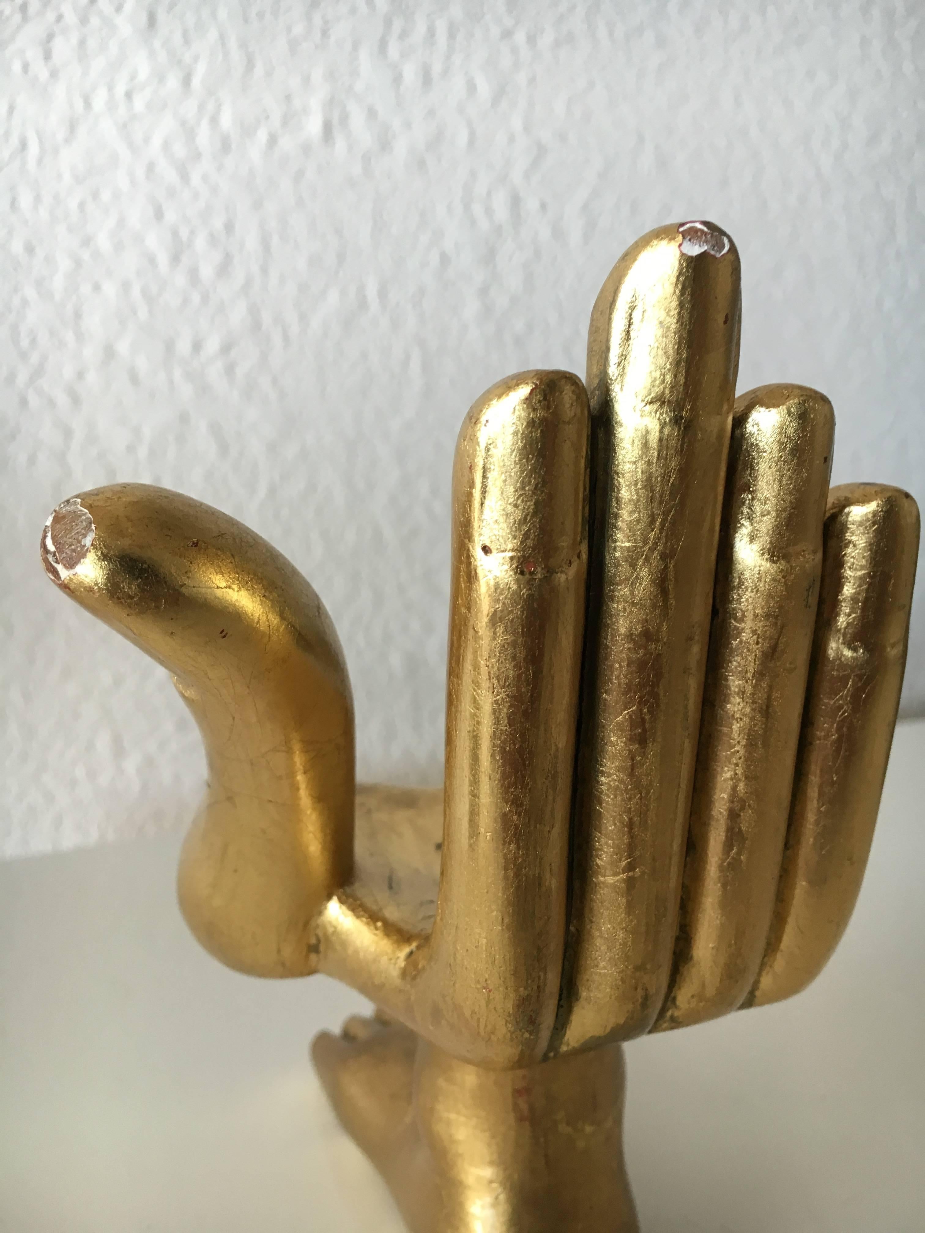 Mid-20th Century Signed Pedro Friedeberg Miniature Hand-Foot Gilt Sculpture, Mexico, 1960s