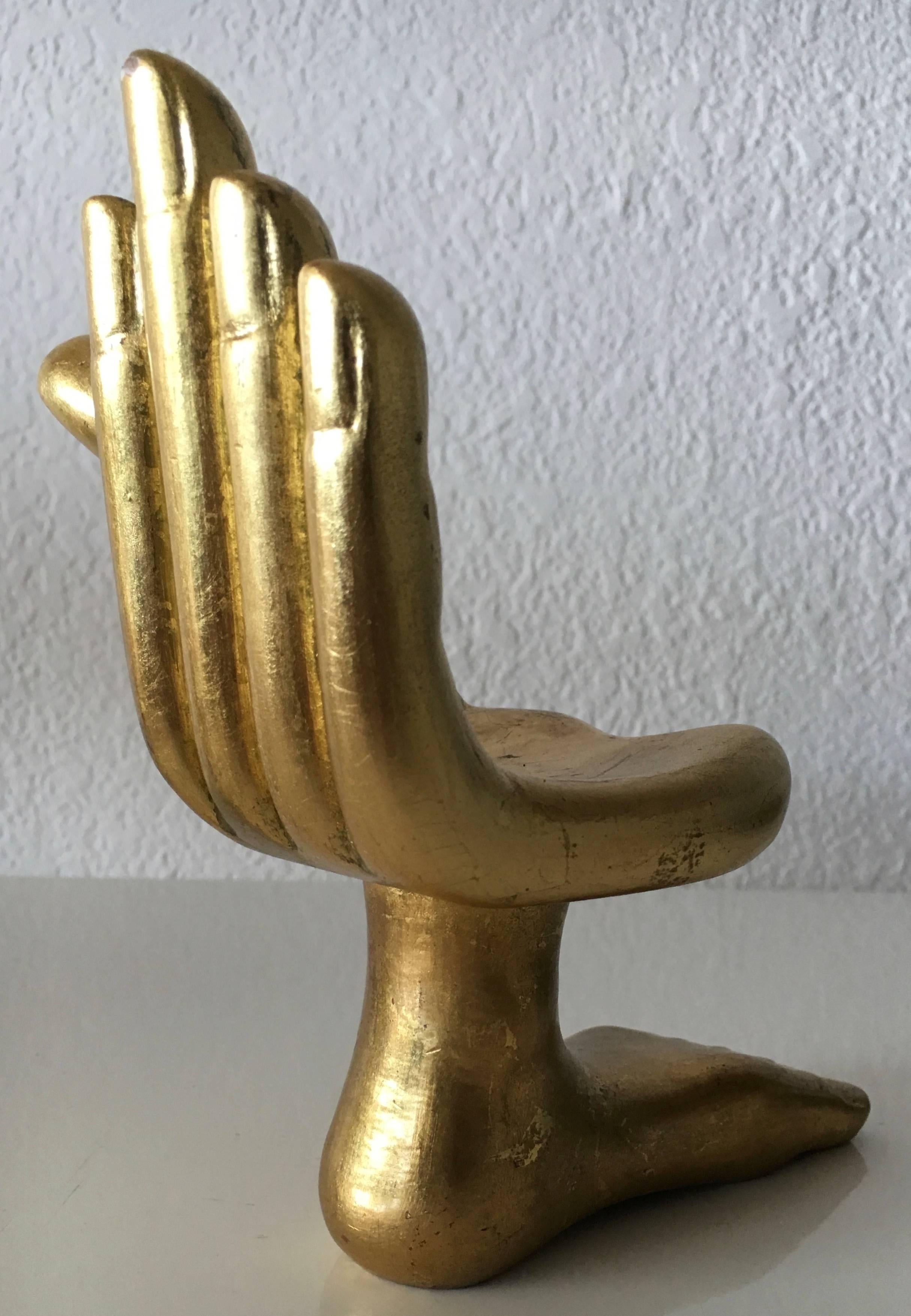 Carved Signed Pedro Friedeberg Miniature Hand-Foot Gilt Sculpture, Mexico, 1960s