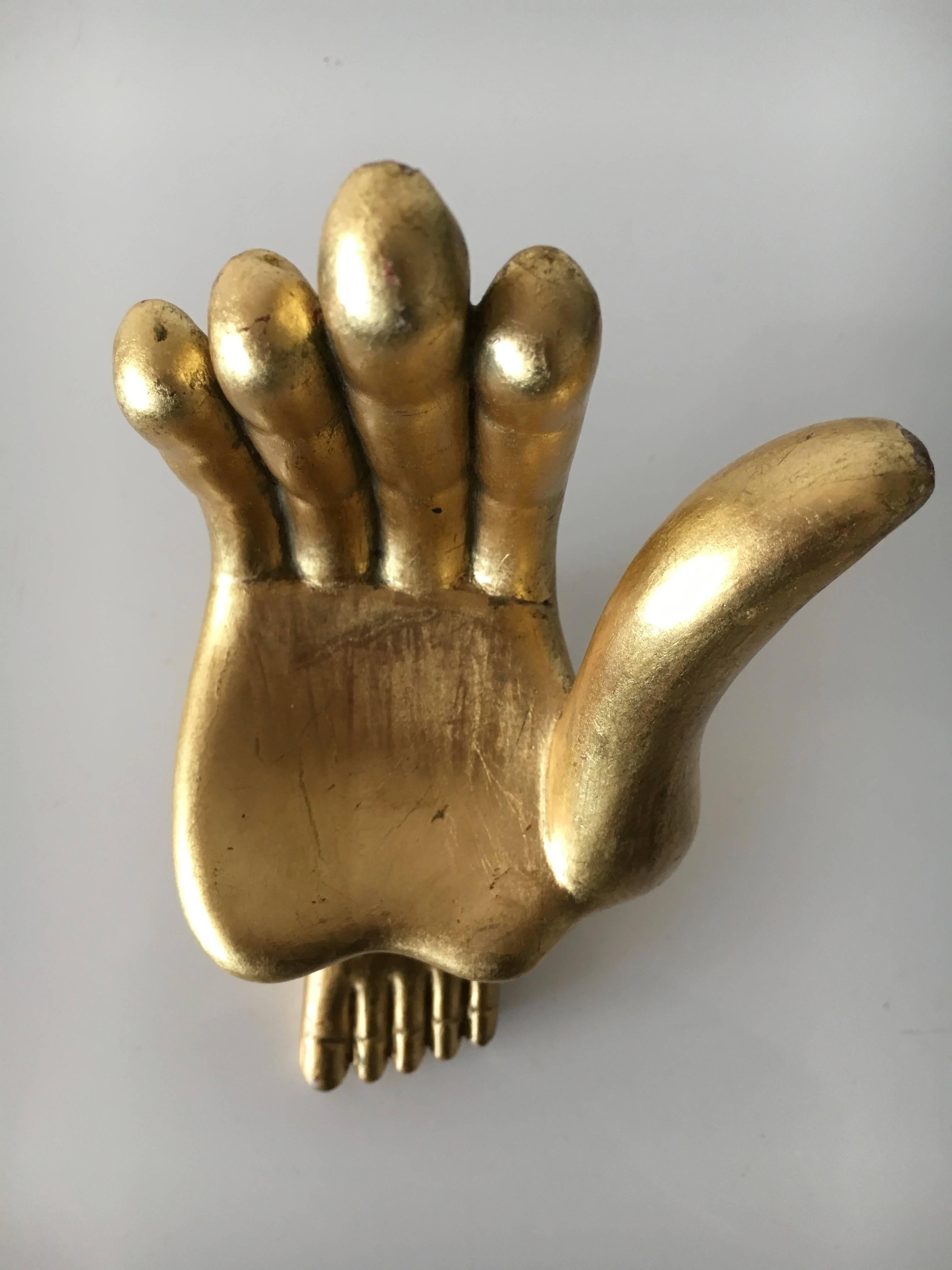 Gold Leaf Signed Pedro Friedeberg Miniature Hand-Foot Gilt Sculpture, Mexico, 1960s