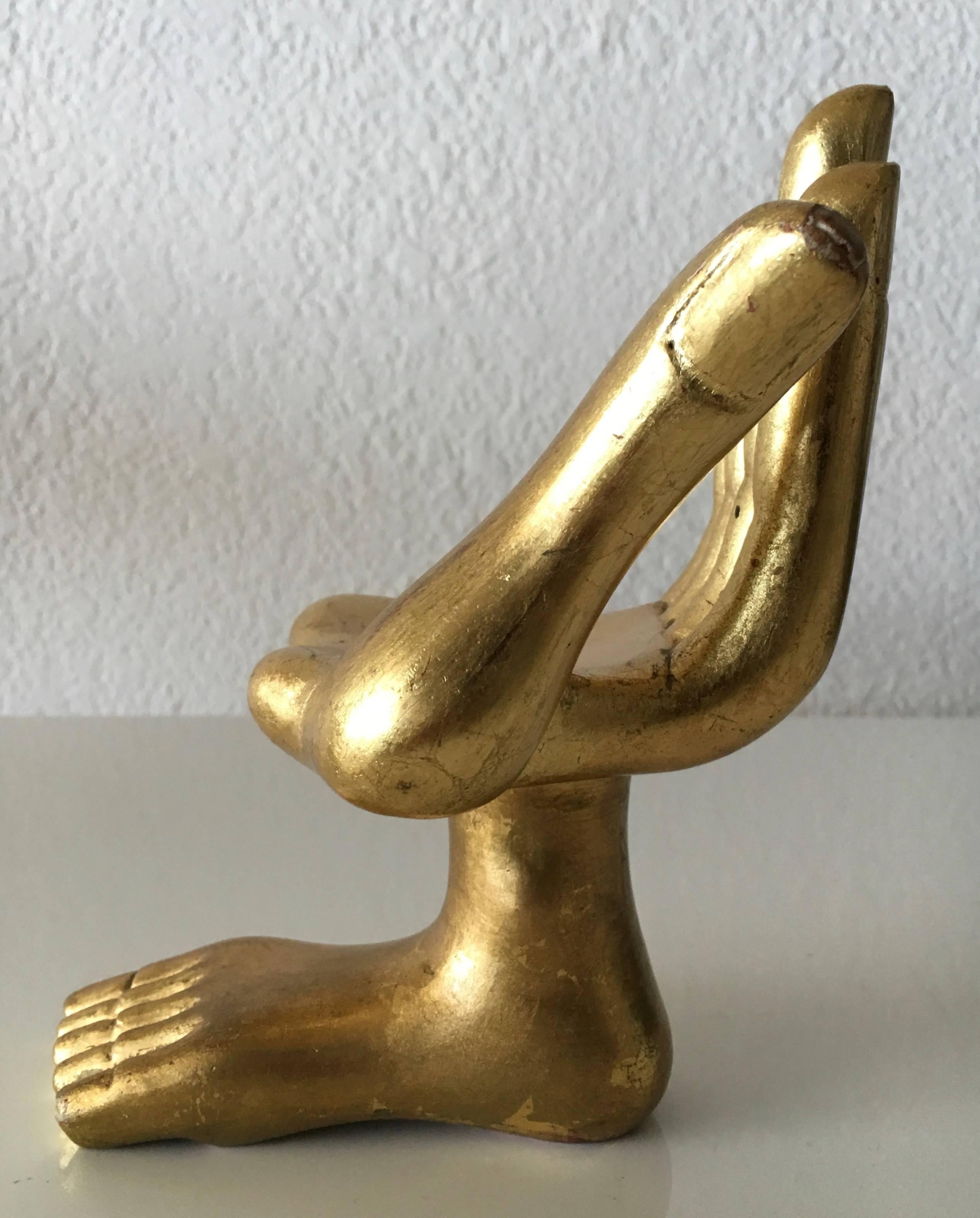 Mexican Signed Pedro Friedeberg Miniature Hand-Foot Gilt Sculpture, Mexico, 1960s