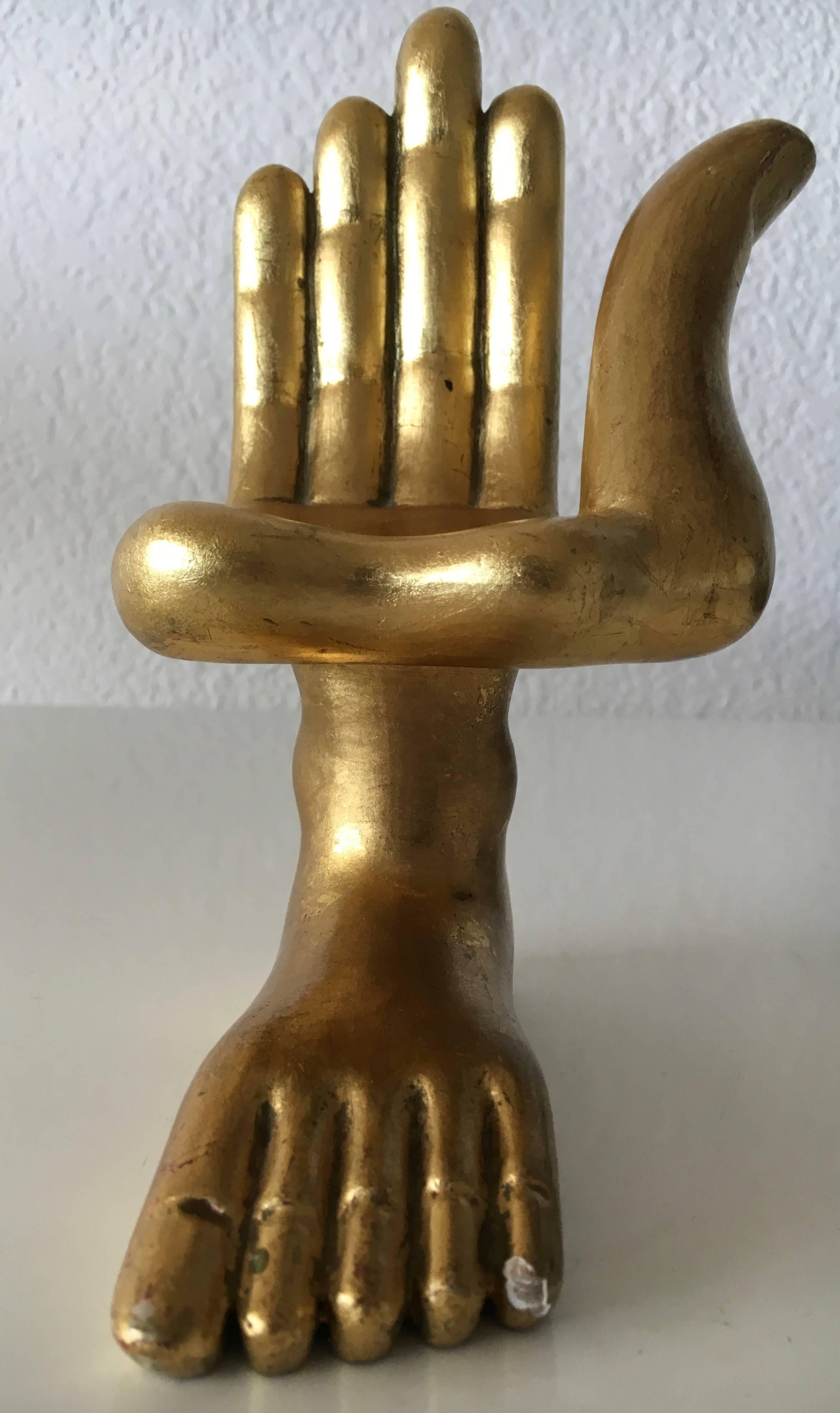 Mid-Century Modern Signed Pedro Friedeberg Miniature Hand-Foot Gilt Sculpture, Mexico, 1960s