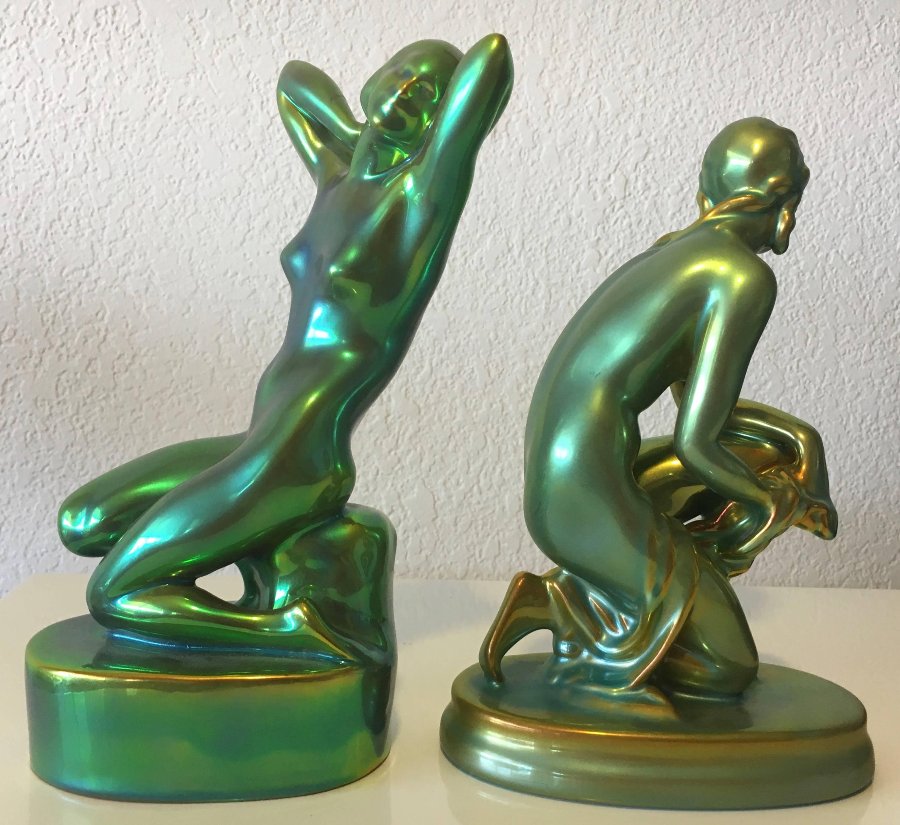 Antique Zsolnay Eosin Iridescent Art Nouveau, Pair of Nude Women Figurines In Good Condition For Sale In San Diego, CA