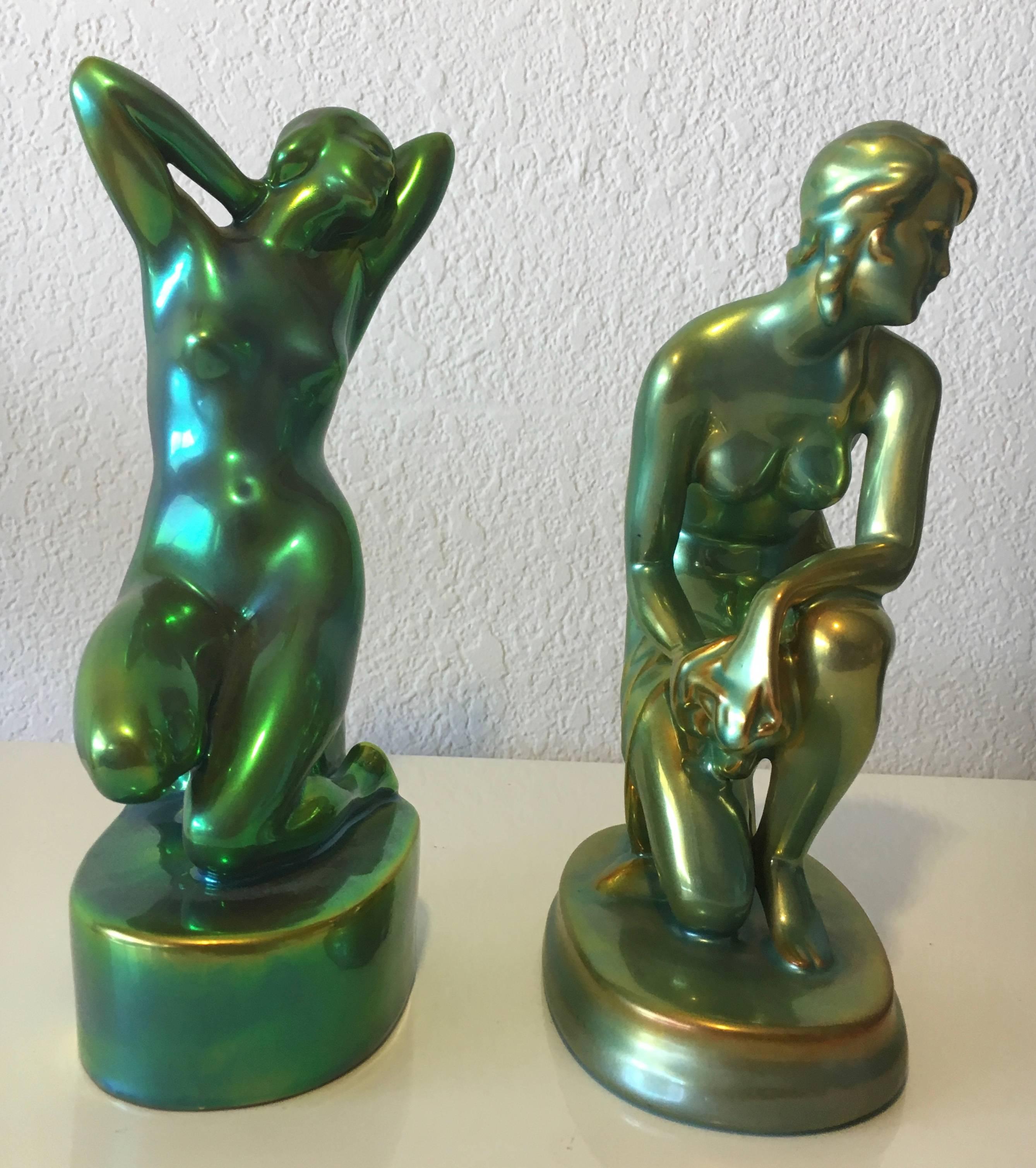 Early 20th Century Antique Zsolnay Eosin Iridescent Art Nouveau, Pair of Nude Women Figurines For Sale