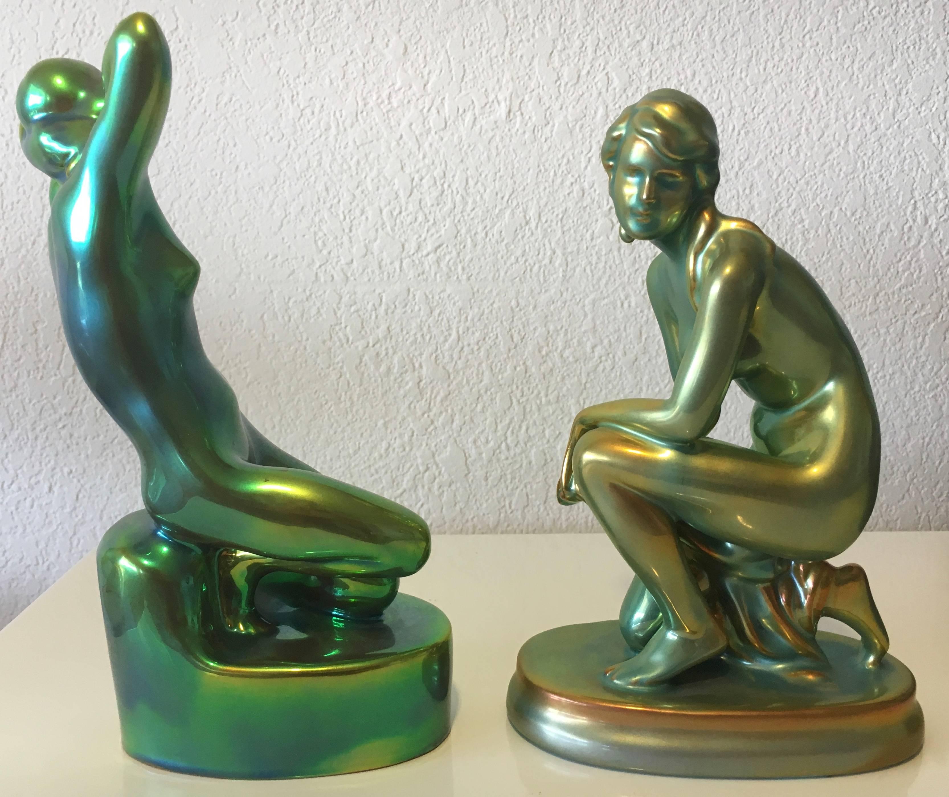 Hungarian Antique Zsolnay Eosin Iridescent Art Nouveau, Pair of Nude Women Figurines For Sale