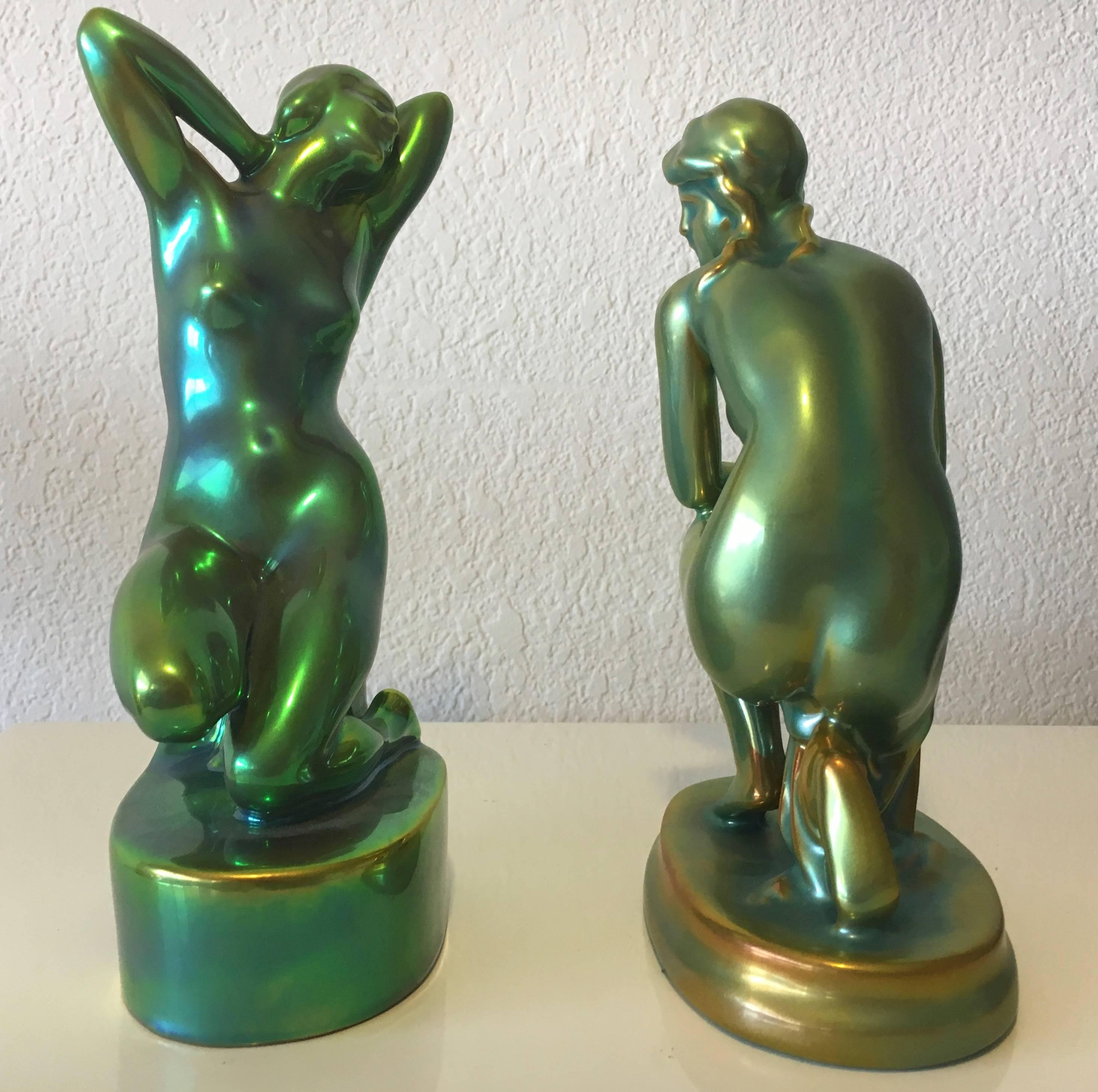 Antique Zsolnay Eosin Iridescent Art Nouveau, Pair of Nude Women Figurines For Sale 1