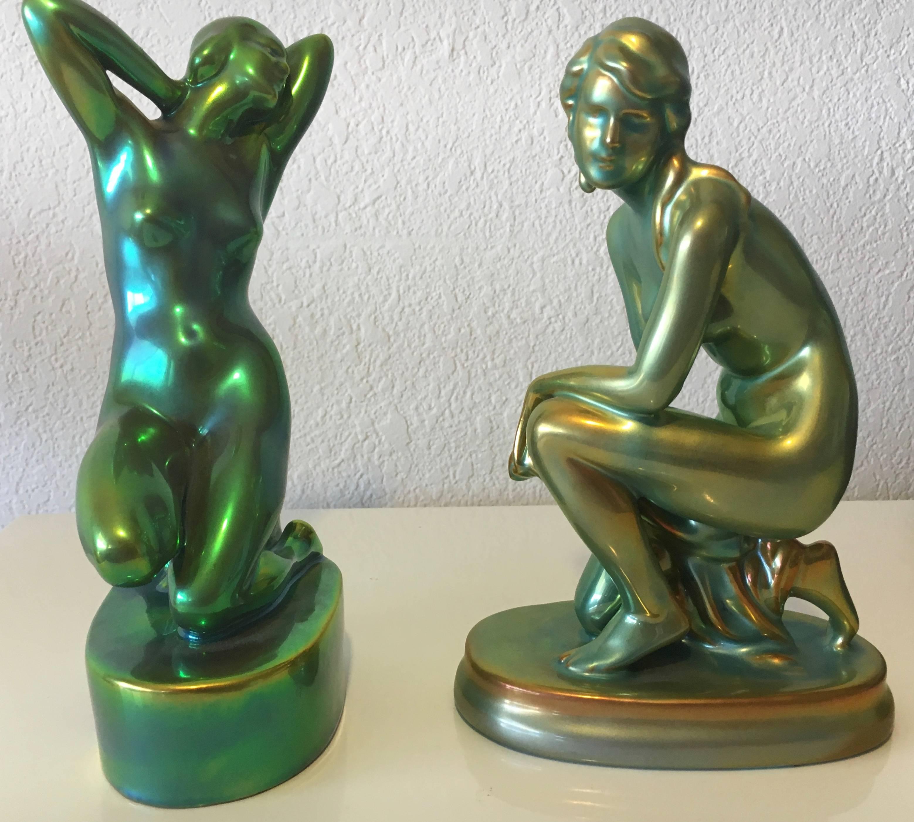 Antique Zsolnay Eosin Iridescent Art Nouveau, Pair of Nude Women Figurines For Sale 2