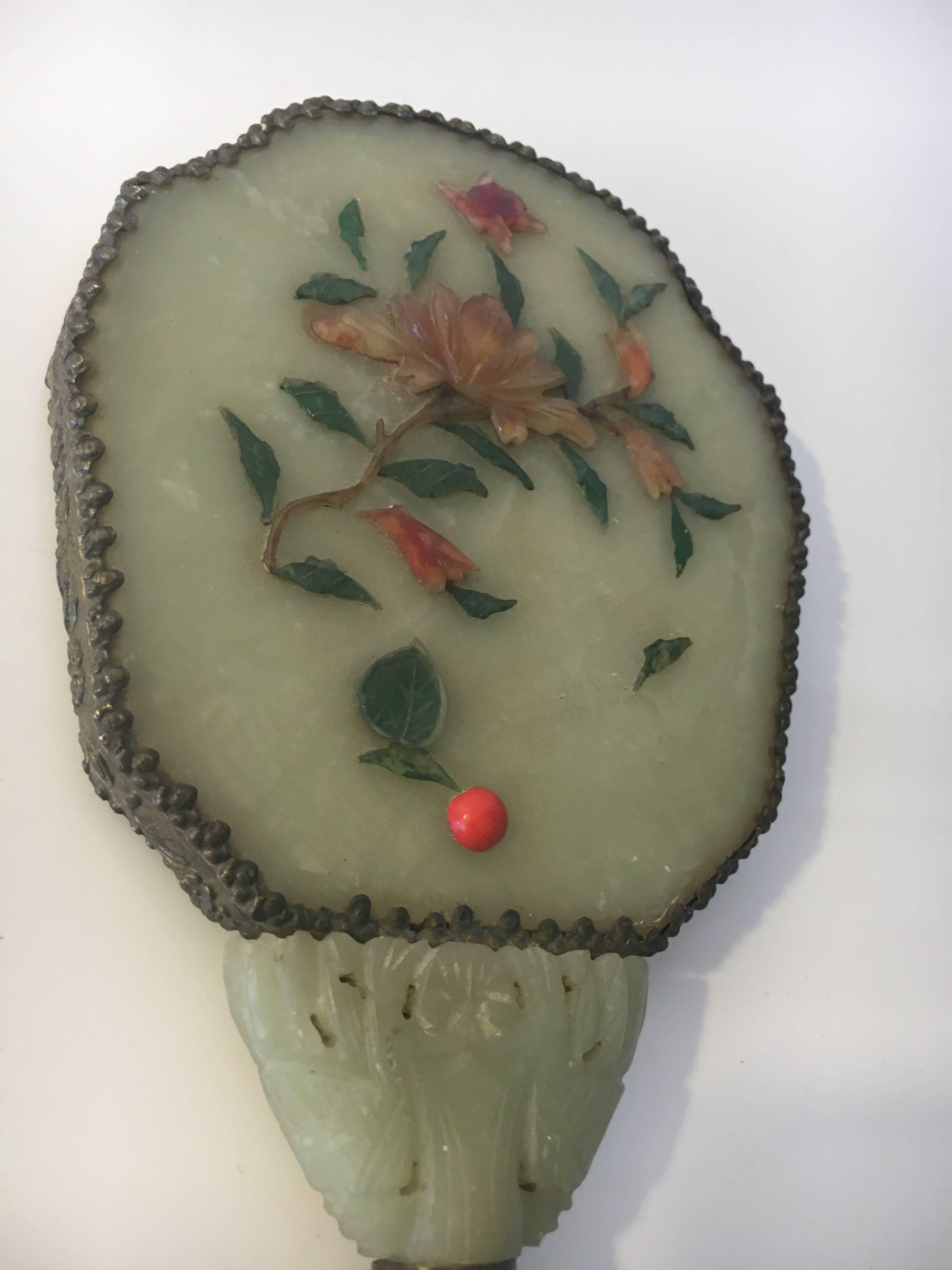 Chinese Hand Mirror in Jade with Coral Turquoise, Amethyst, circa 1905 For Sale 2