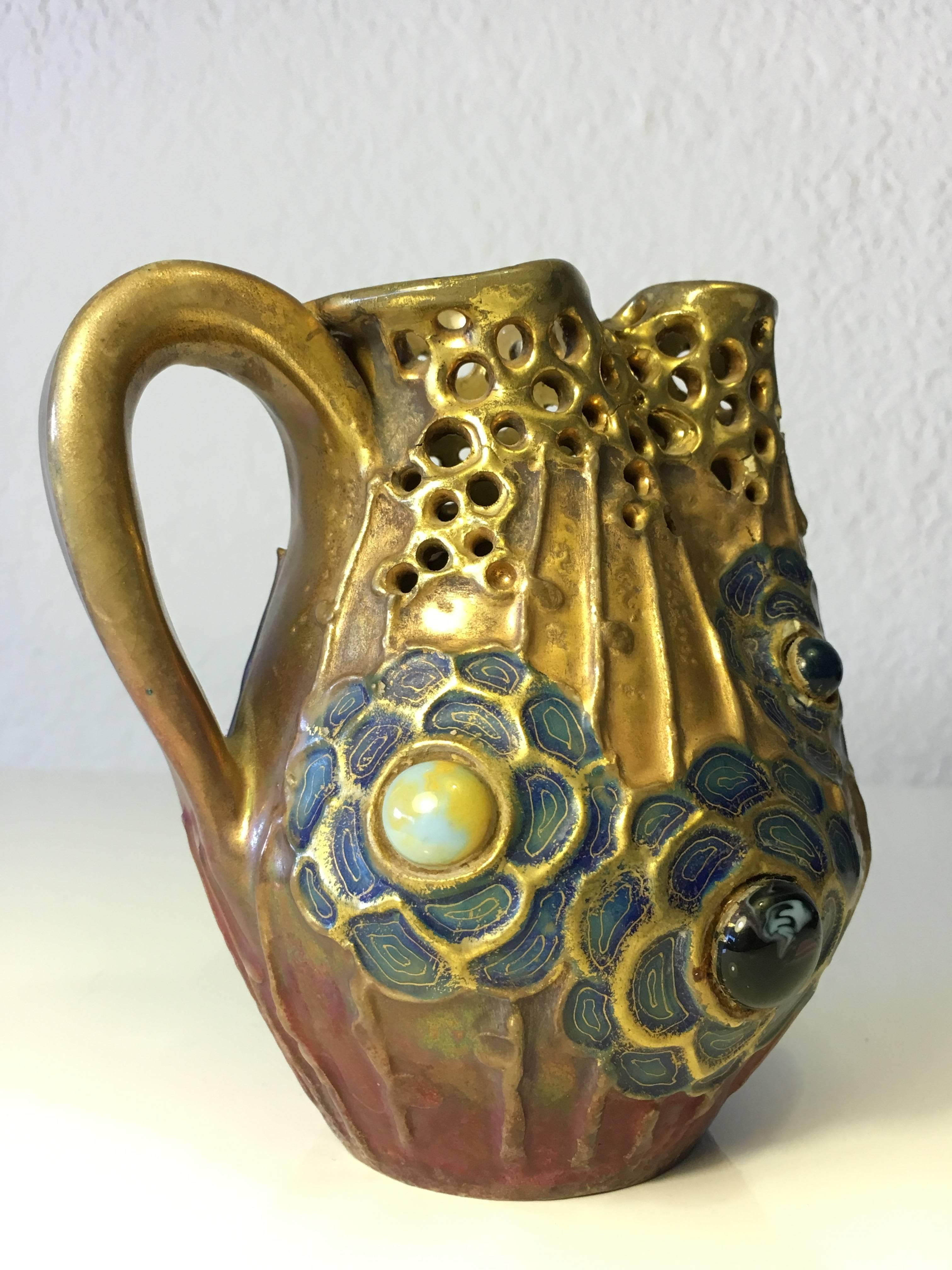 Riessner & Kessel Amphora Glass Jeweled, Gres Bijou Series Pitcher, circa 1904 For Sale 2