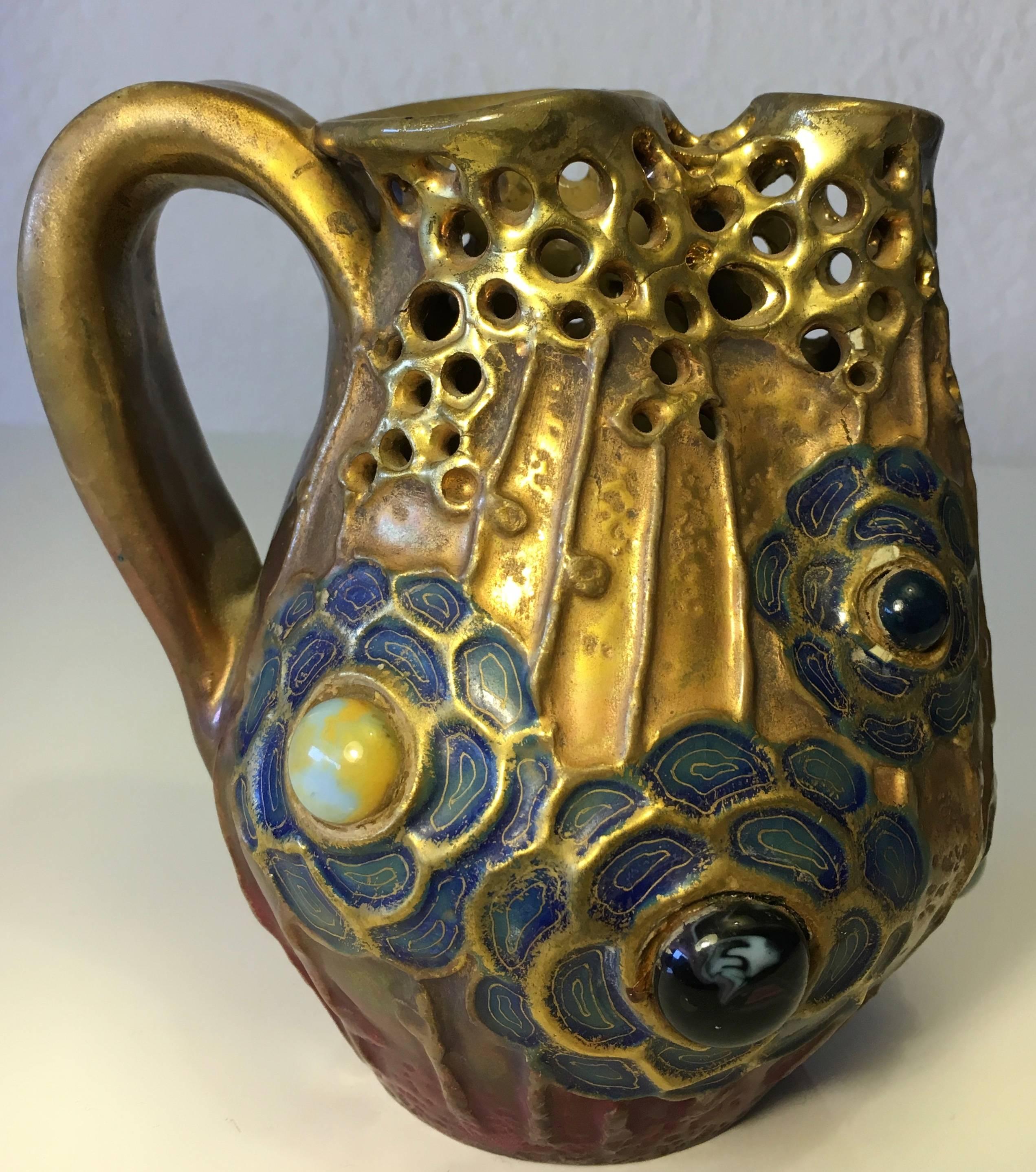Riessner & Kessel Amphora Glass Jeweled, Gres Bijou Series Pitcher, circa 1904 In Good Condition For Sale In San Diego, CA