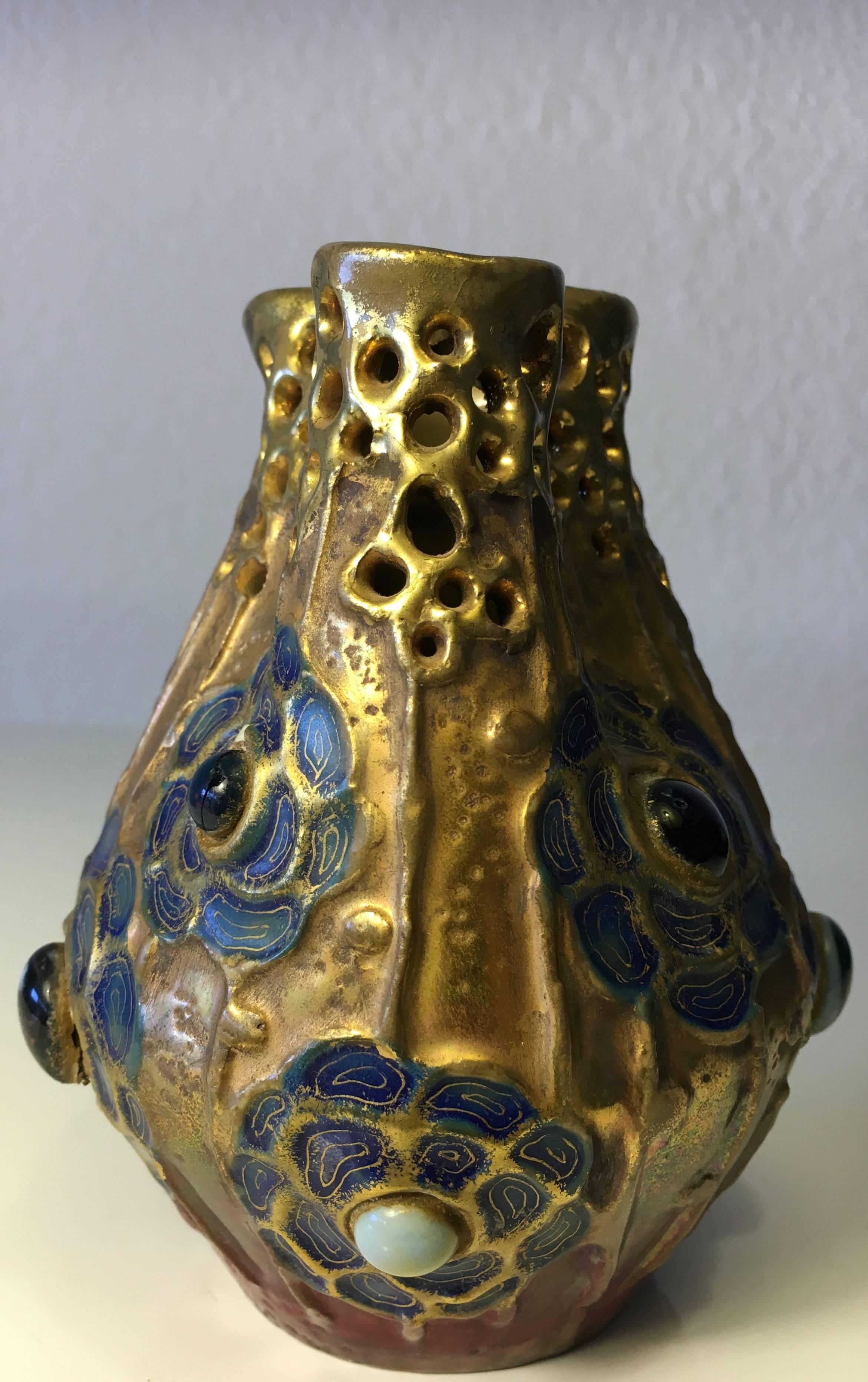 Art Nouveau Riessner & Kessel Amphora Glass Jeweled, Gres Bijou Series Pitcher, circa 1904 For Sale