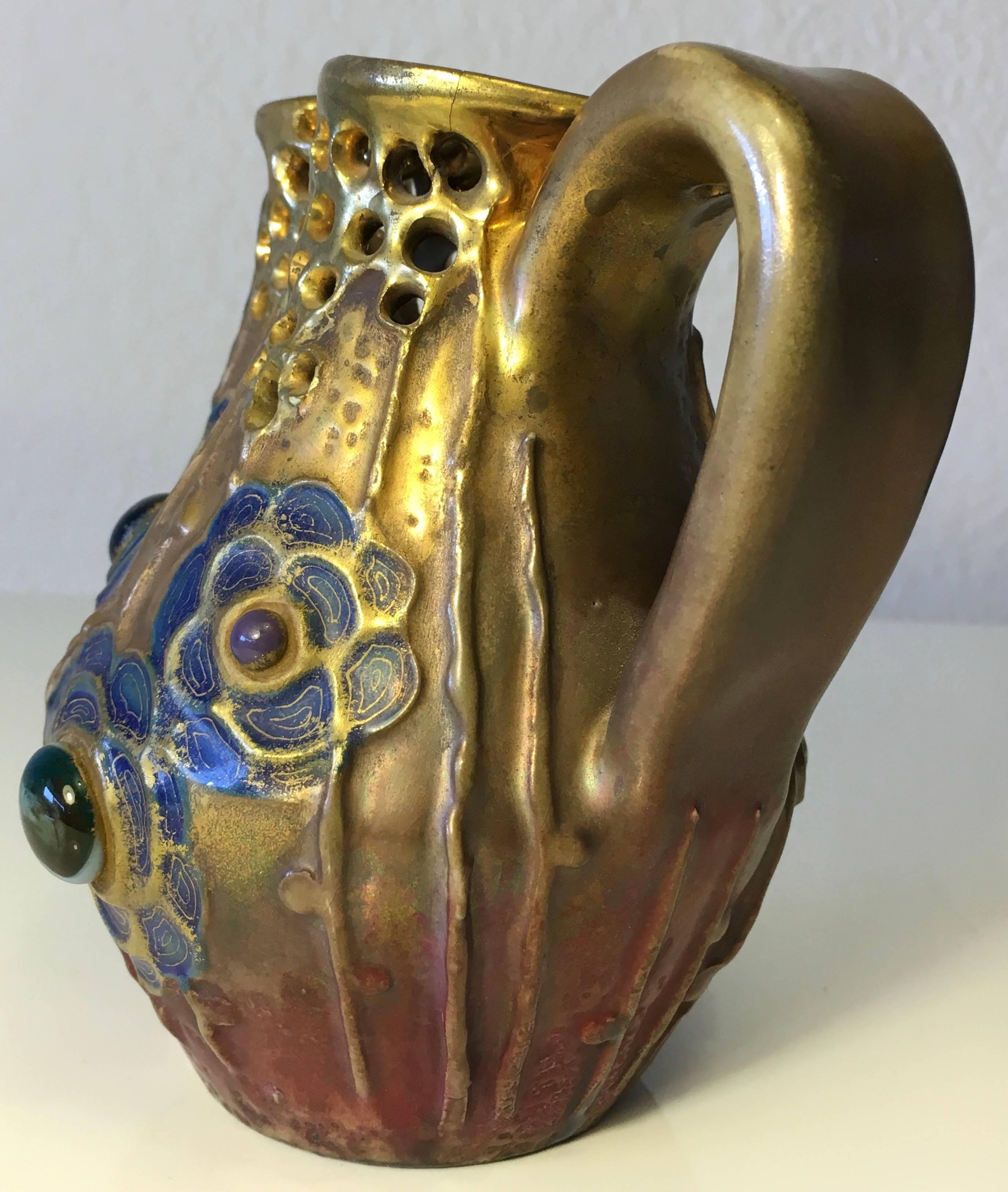 Austrian Riessner & Kessel Amphora Glass Jeweled, Gres Bijou Series Pitcher, circa 1904 For Sale