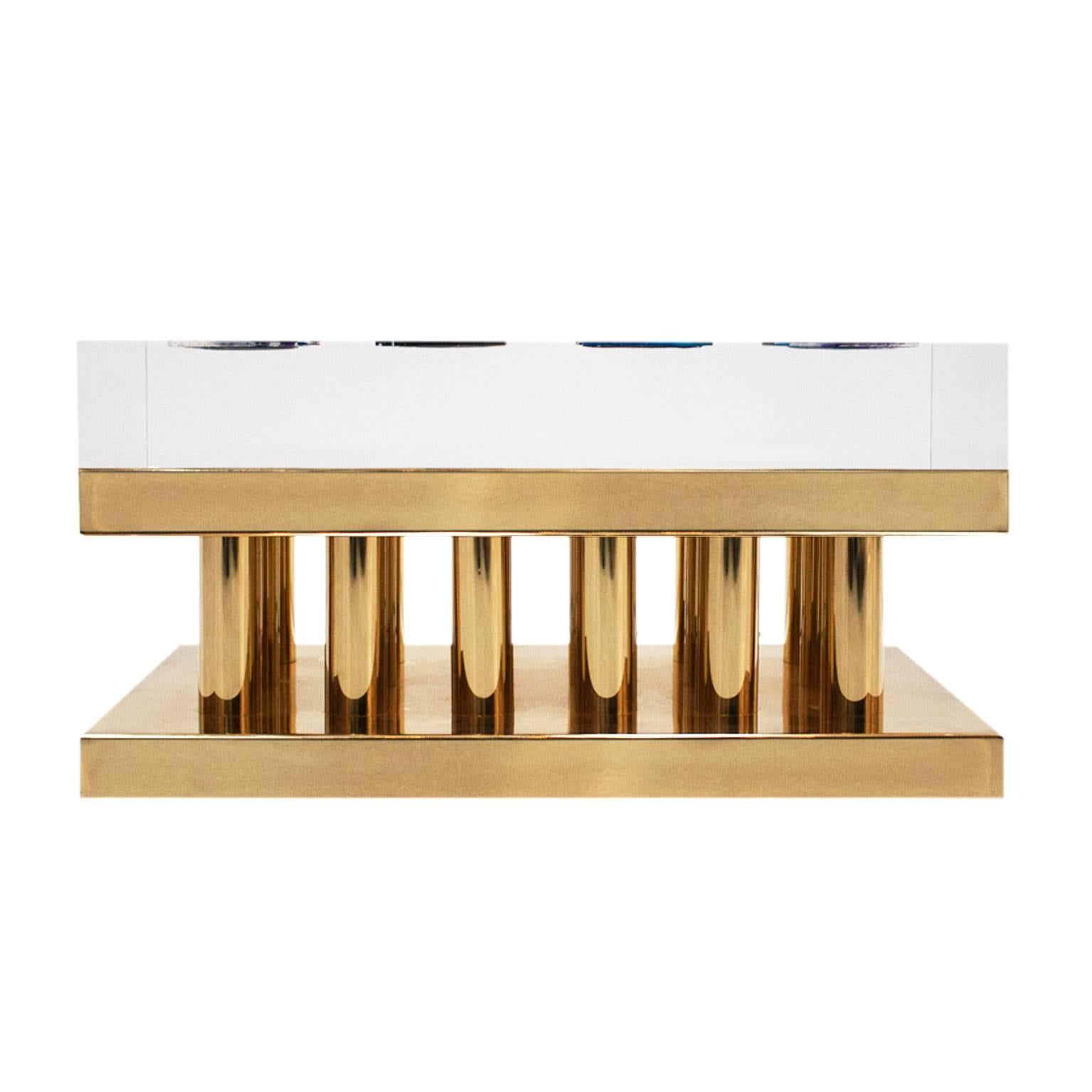 Pair of center tables designed by Studio Superego. Base made on solid brass and methacrylate of 10 cm thick with agates crimped on top.
