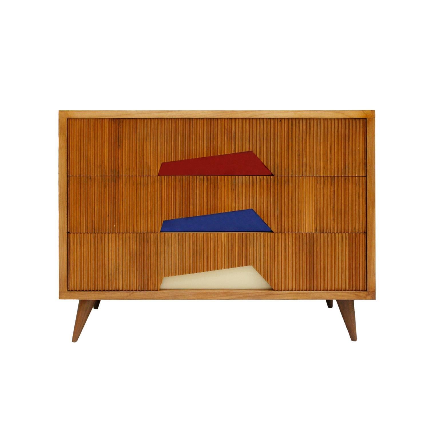 Italian pair of sideboards made in ashwood, with shaped fluted front and handles in Lacobel glass.
