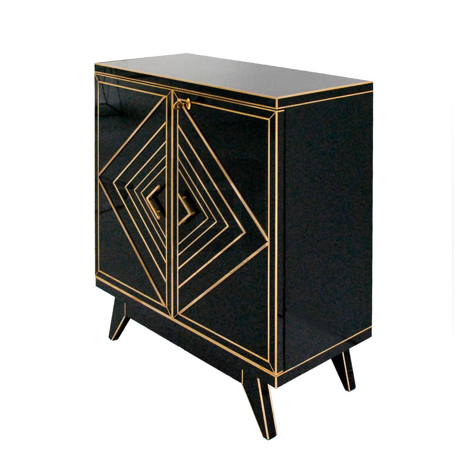 Italian opaline glass sideboard composed by two doors and a shelve inside. Made in wood structure and finishings in brass.