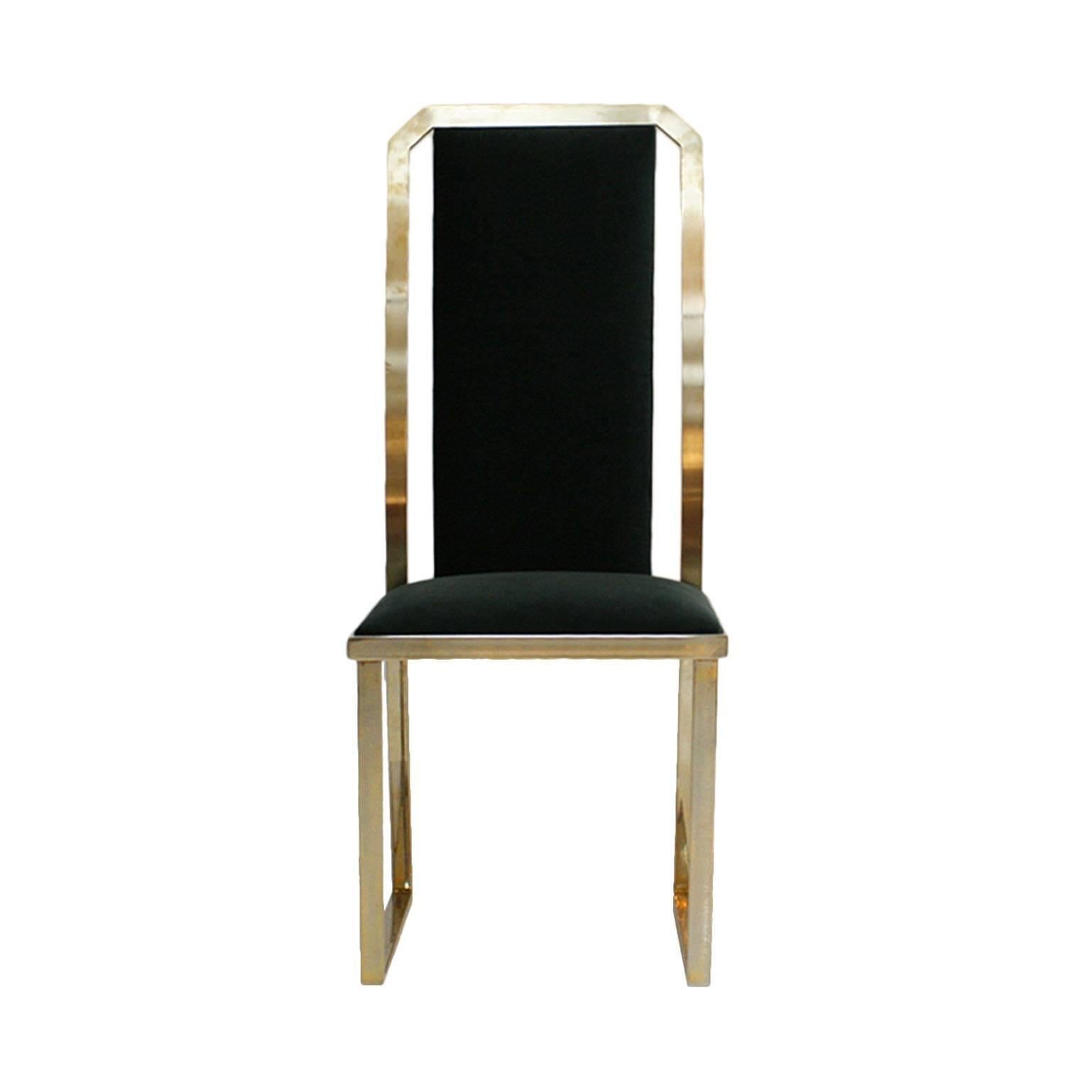 Set of four chairs designed by Michel Mangematin, made of brass plate with seat upholstered in green cotton velvet.
 