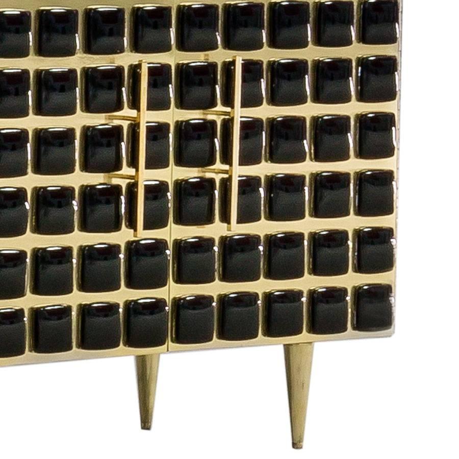 Pair of Italian Wooden Sideboards Covered in Brass and Black Glass In Excellent Condition In Madrid, ES