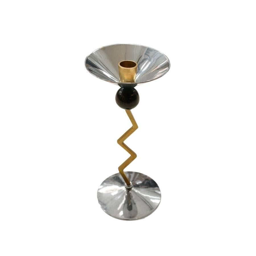 Pair of candlesticks made in steel and brass. Inspired by Sottsass, belonging to the Memphis Group.
