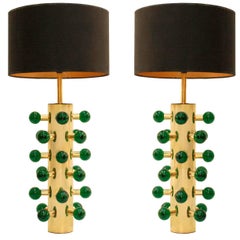 Vintage In the Style of Midcentury Green Murano Glass and Brass Base Italian Table Lamps