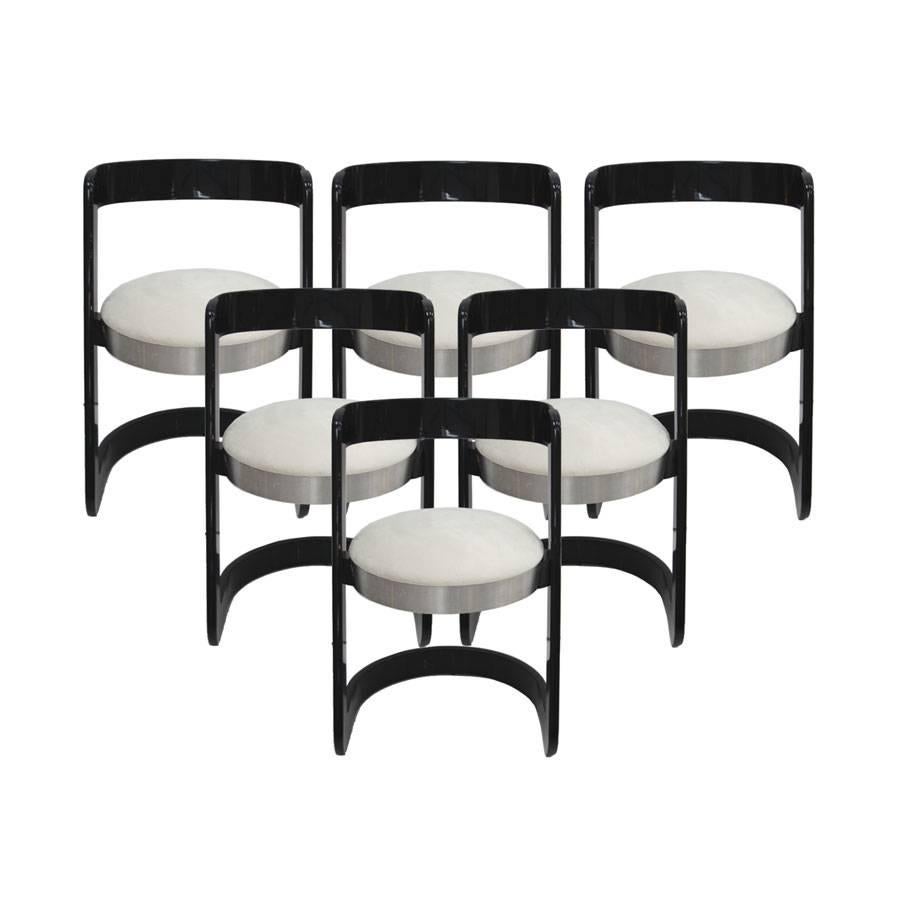 Willy Rizzo Set of Six Black Lacquered Wood and Gray Upholstery Chairs. Italy 70