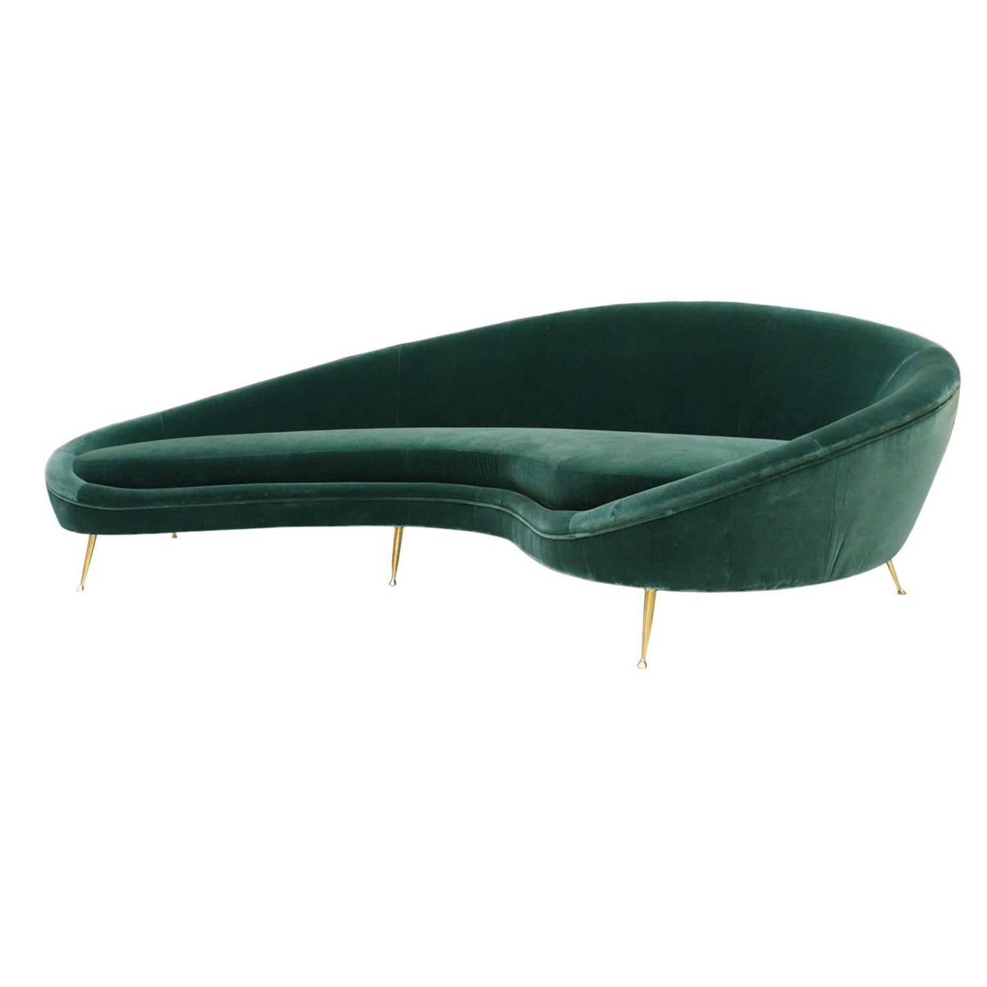 In the Style Ico Parisi Curved Green Cotton Velvet and Brass Italian Sofa