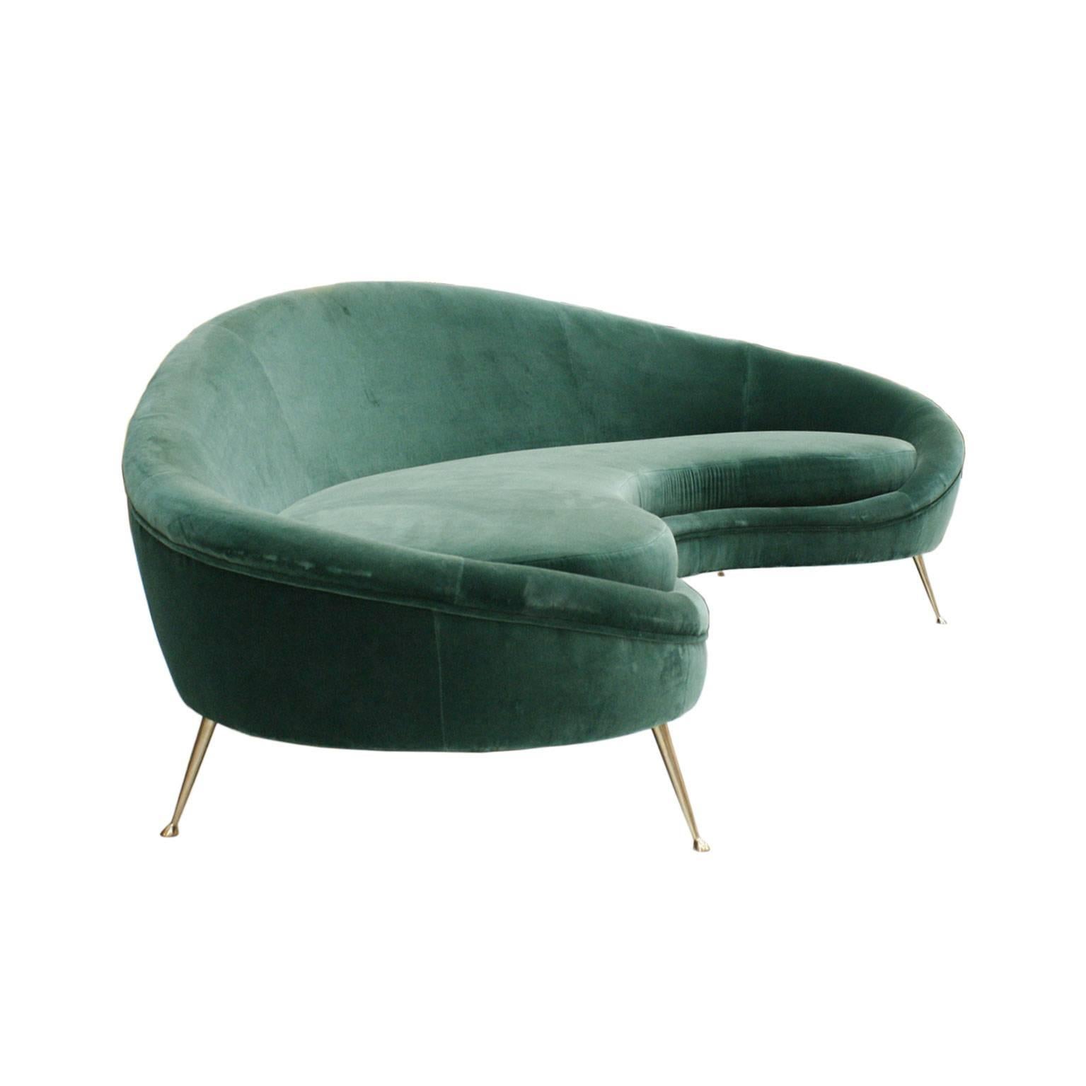 Italian curved four-seat sofa in the style Ico Parisi. Made of solid wood, upholstered in green cotton velvet and brass legs.

Our main target is customer satisfaction, so we include in the price for this item professional and custom made