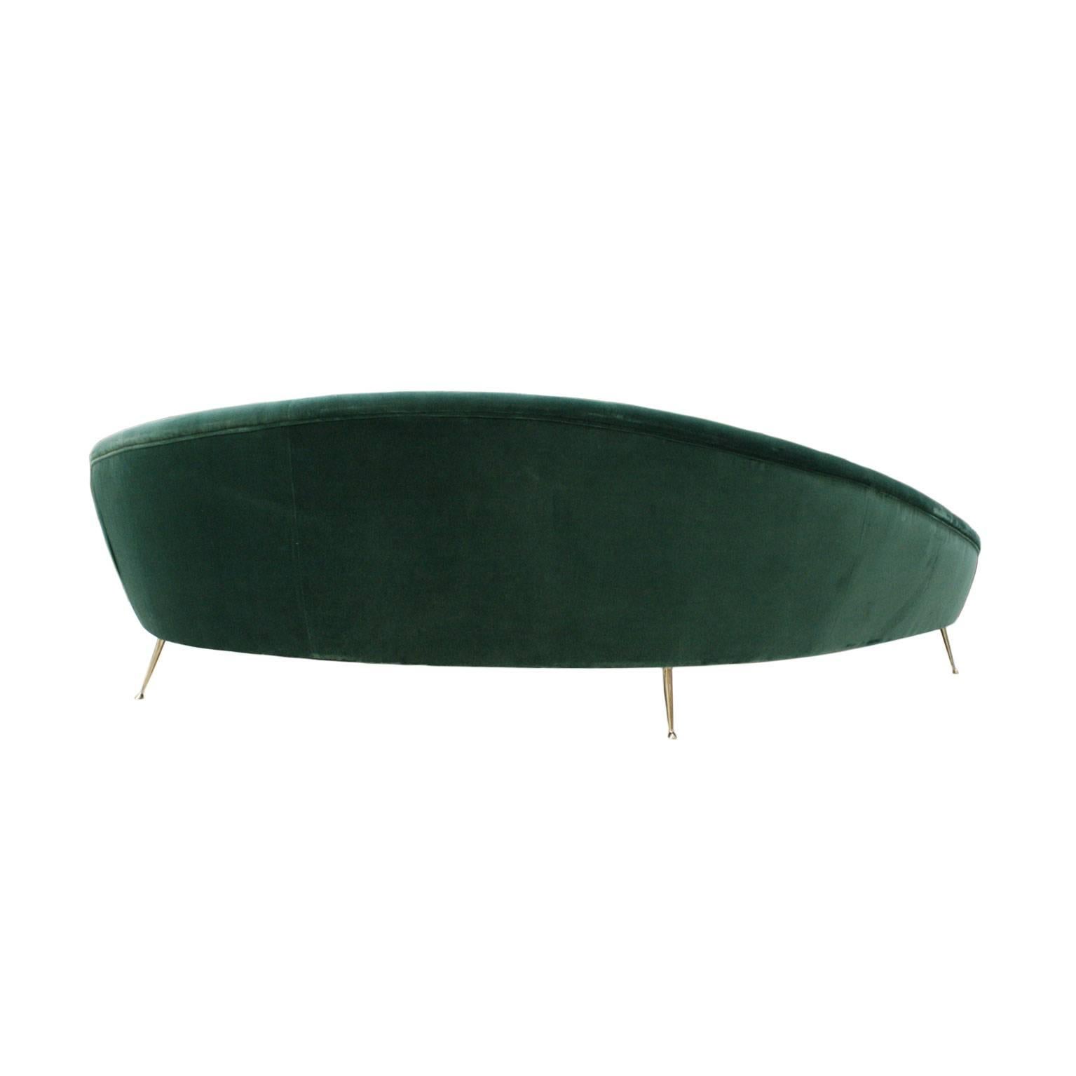 Mid-Century Modern In the Style Ico Parisi Curved Green Cotton Velvet and Brass Italian Sofa