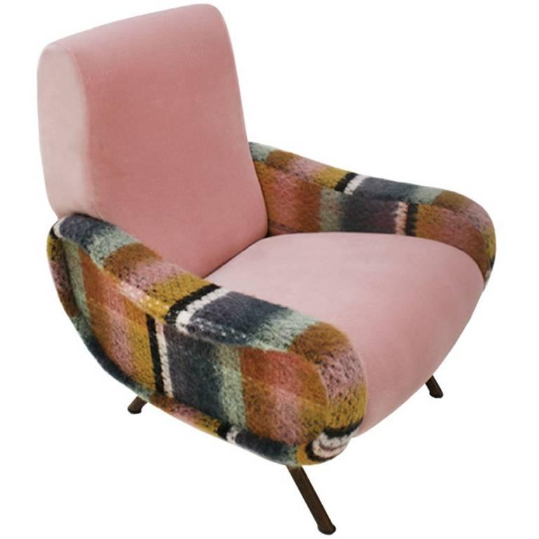 Marco Zanuso Pink Velvet and Wool Fabric "Lady" Italian Armchair