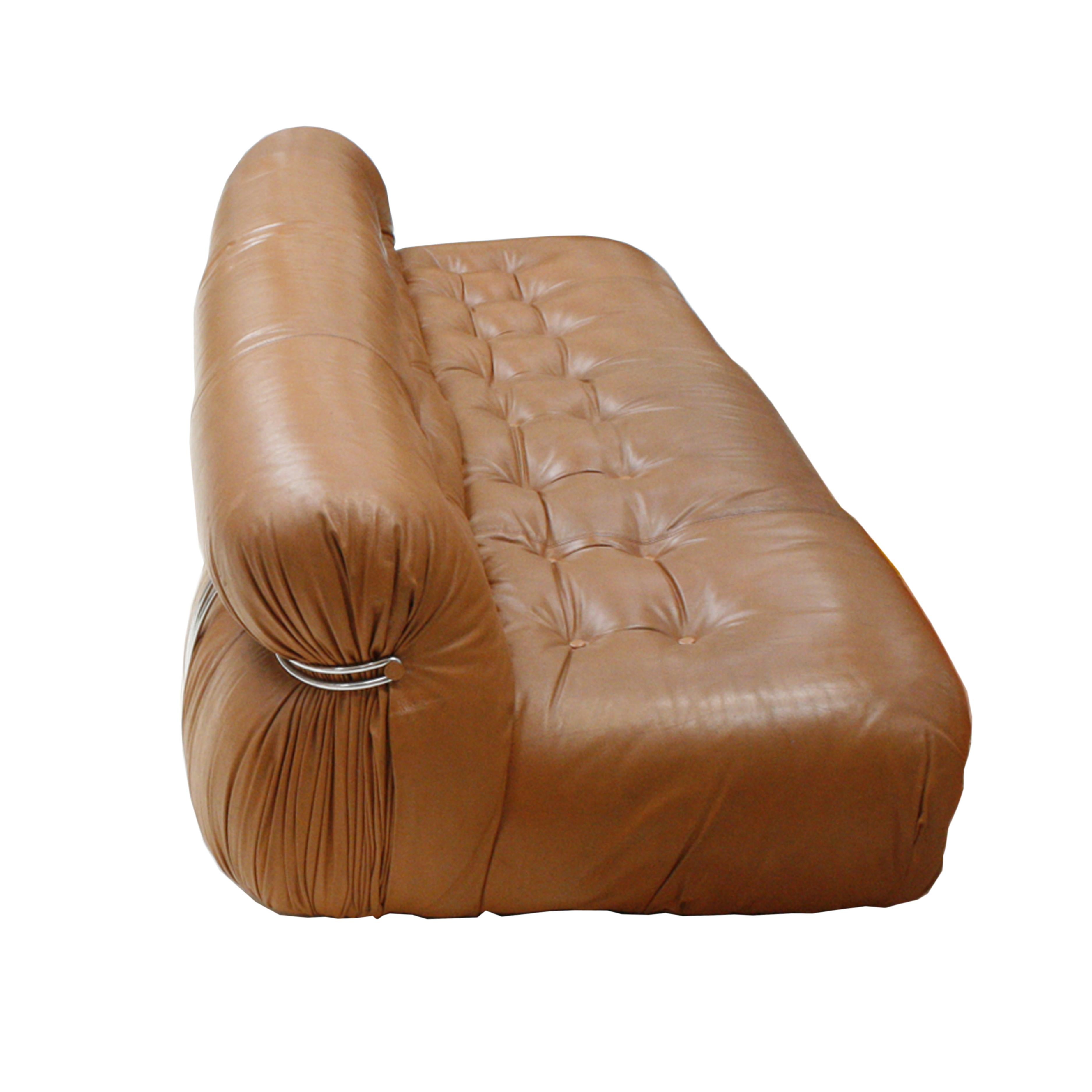 Steel Tobia Scarpa Brown Leather 'Soriana' Edited By Cassina Italian Sofa