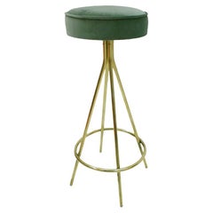 Mid-Century Style Circular Brass and Cotton Velvet Italian Bar Stool