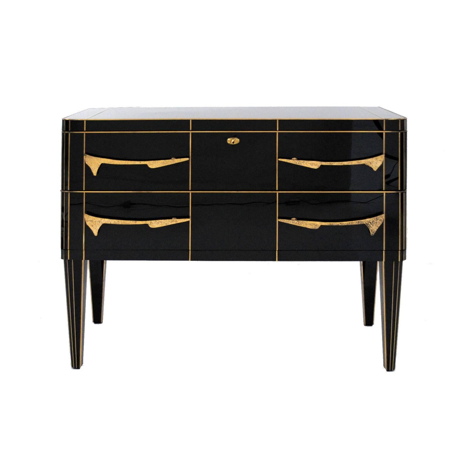 Pair of commodes composed by two drawers with structure made in solid wood covered in Murano glass with handle and finished in brass.