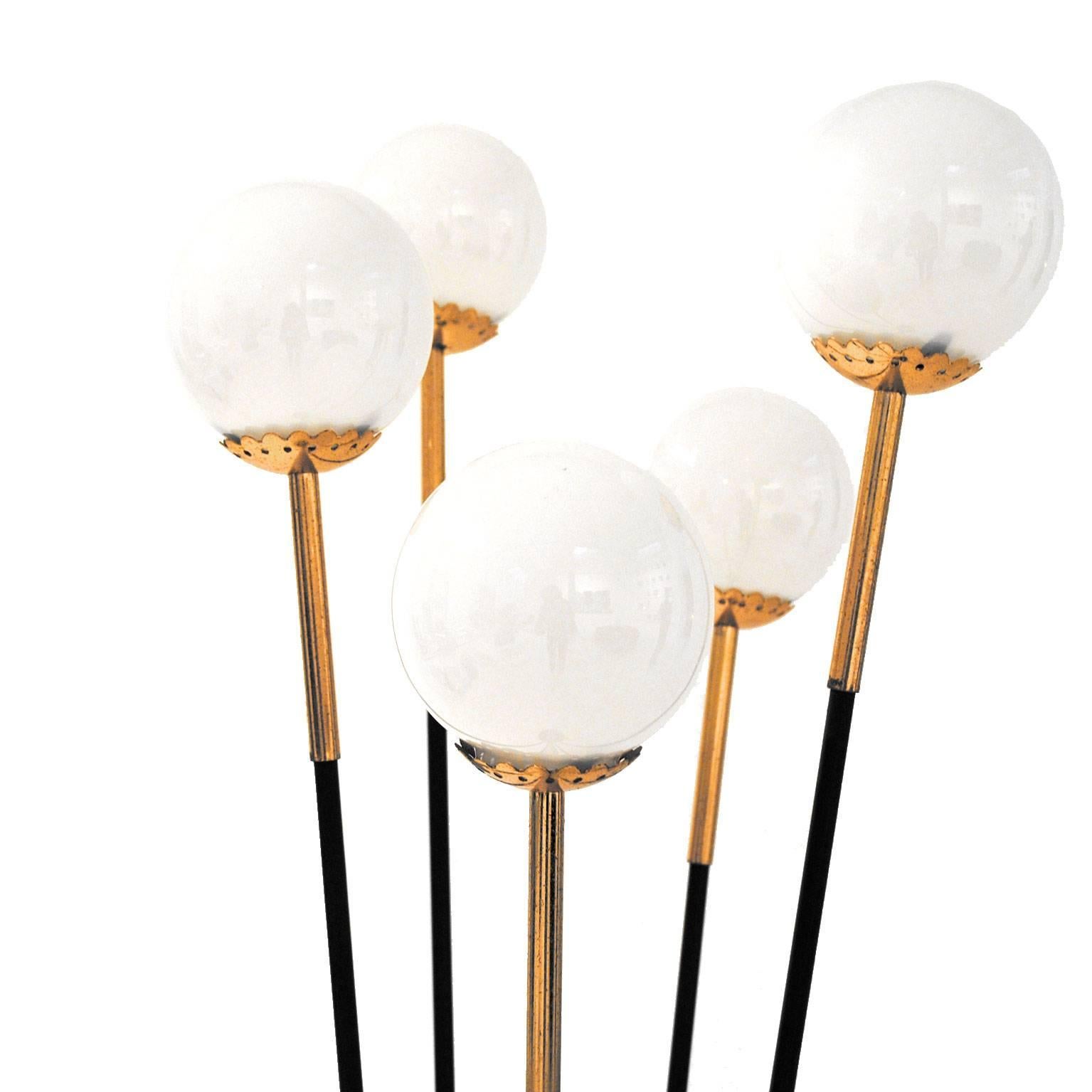 Floor lamp composed by five light points in white opaline crystal, with structure made in black lacquer iron and metal finished in brass. 