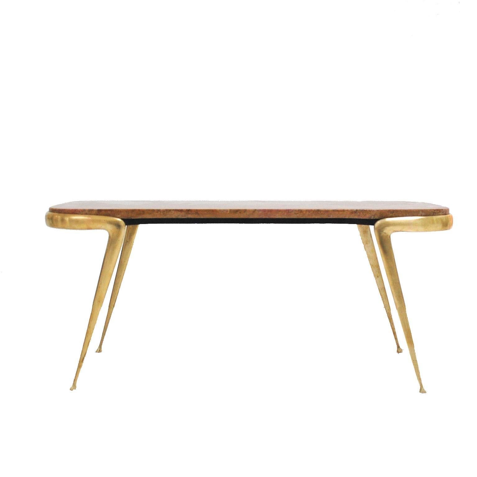 Center table with structure made in steel and solid bronze in fork form with pink Zarci portuguese marble on top. 