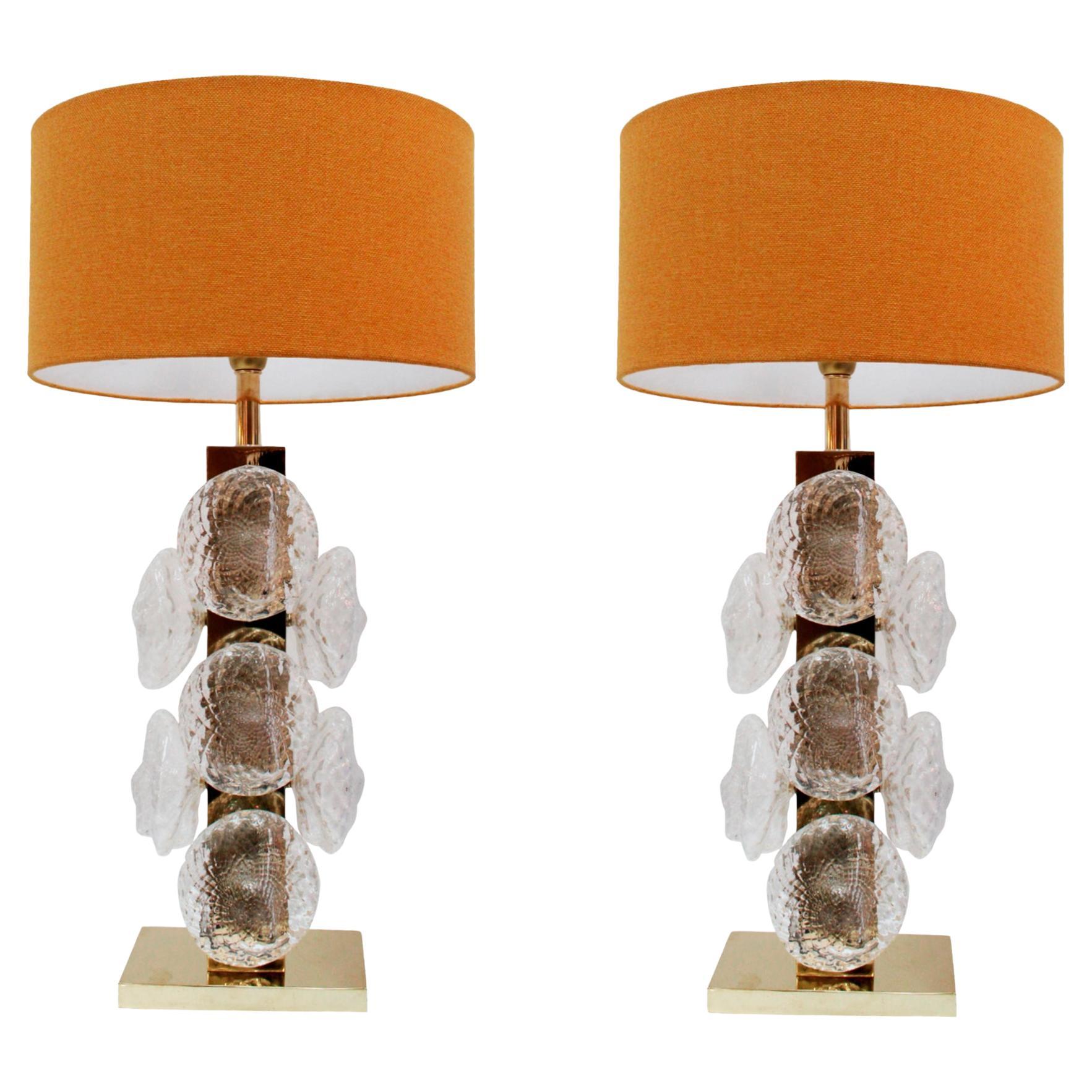 Coppia di lampade da tavolo in vetro di Murano e ottone, Italia