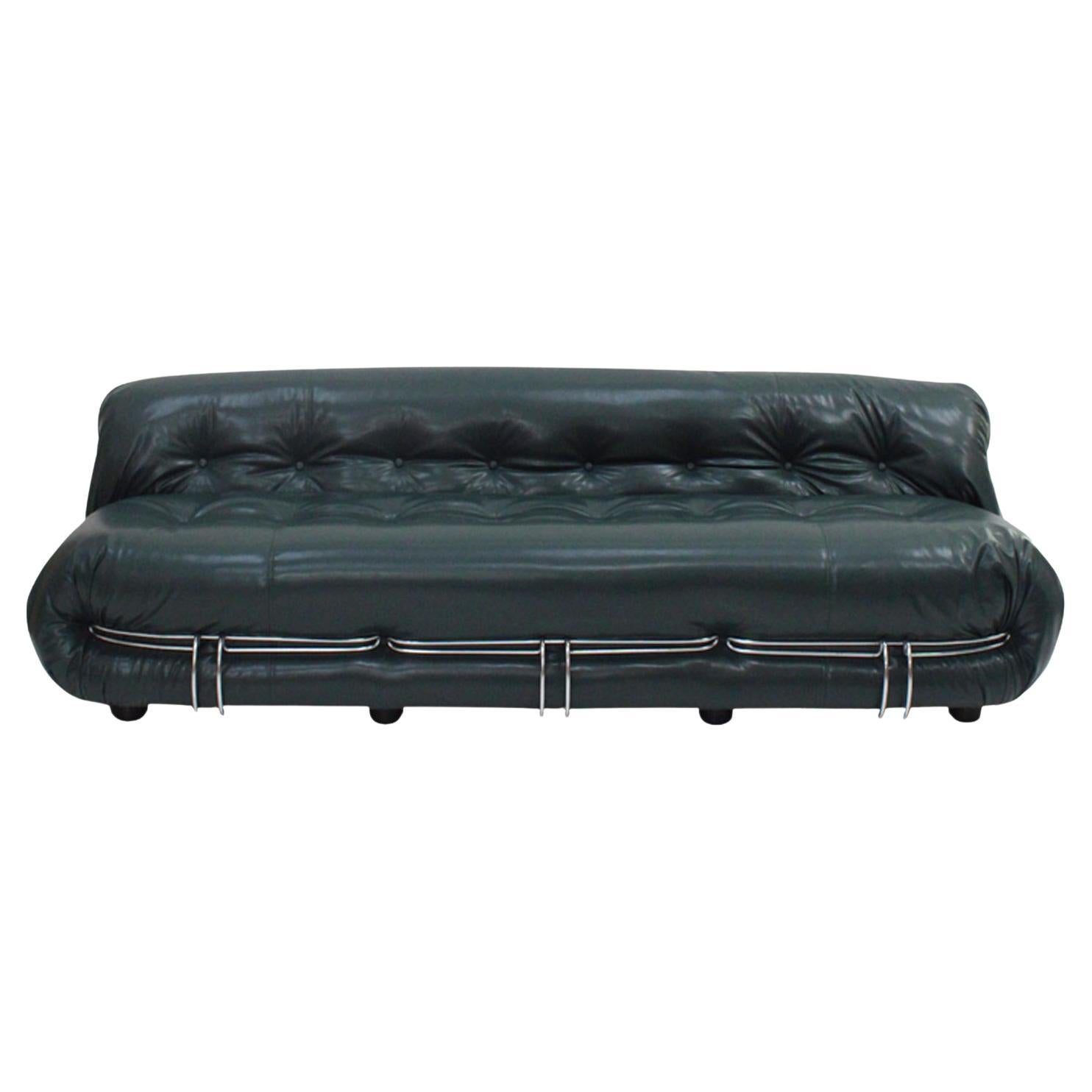 Soriana Sofa von Tobia Scarpa für Cassina, Italien 1960er Jahre, Grünes Leder und Stahl