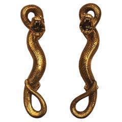 Pair of French Handcrafted Brass Snake Door Pull Handles, 1960s